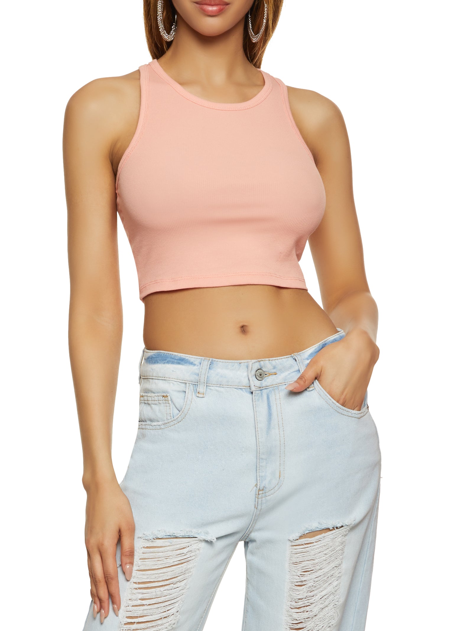Ribbed Racerback Cropped Tank Top - Peach