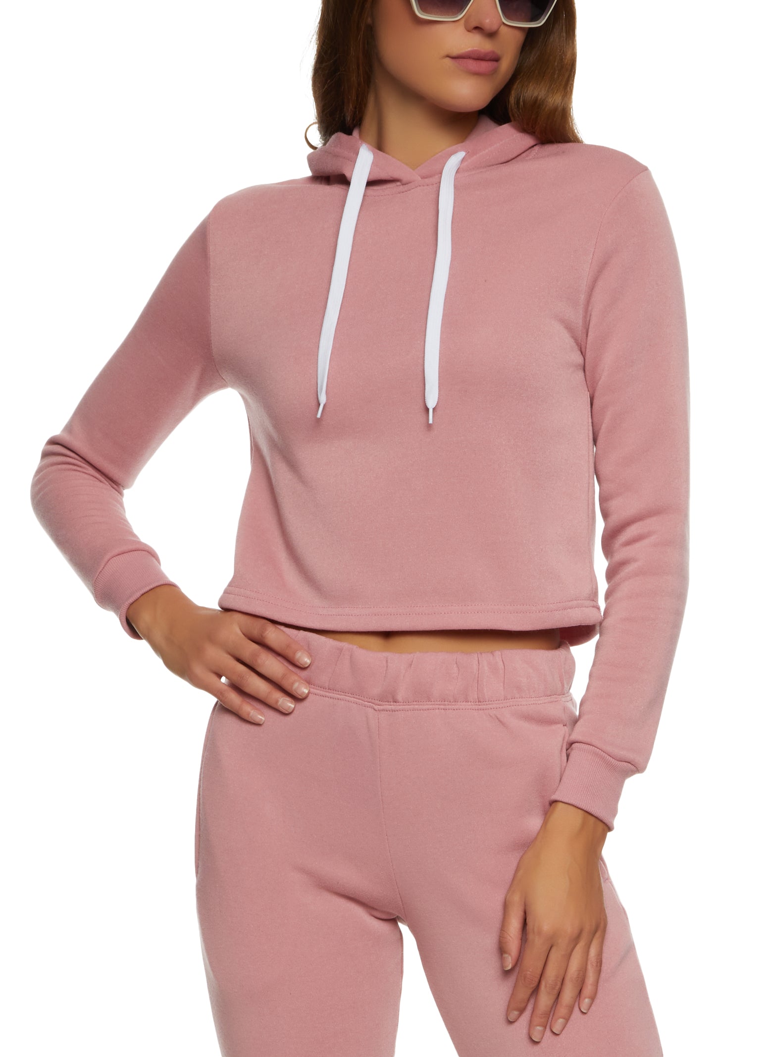 Fleece Hooded Cropped Sweatshirt Mauve