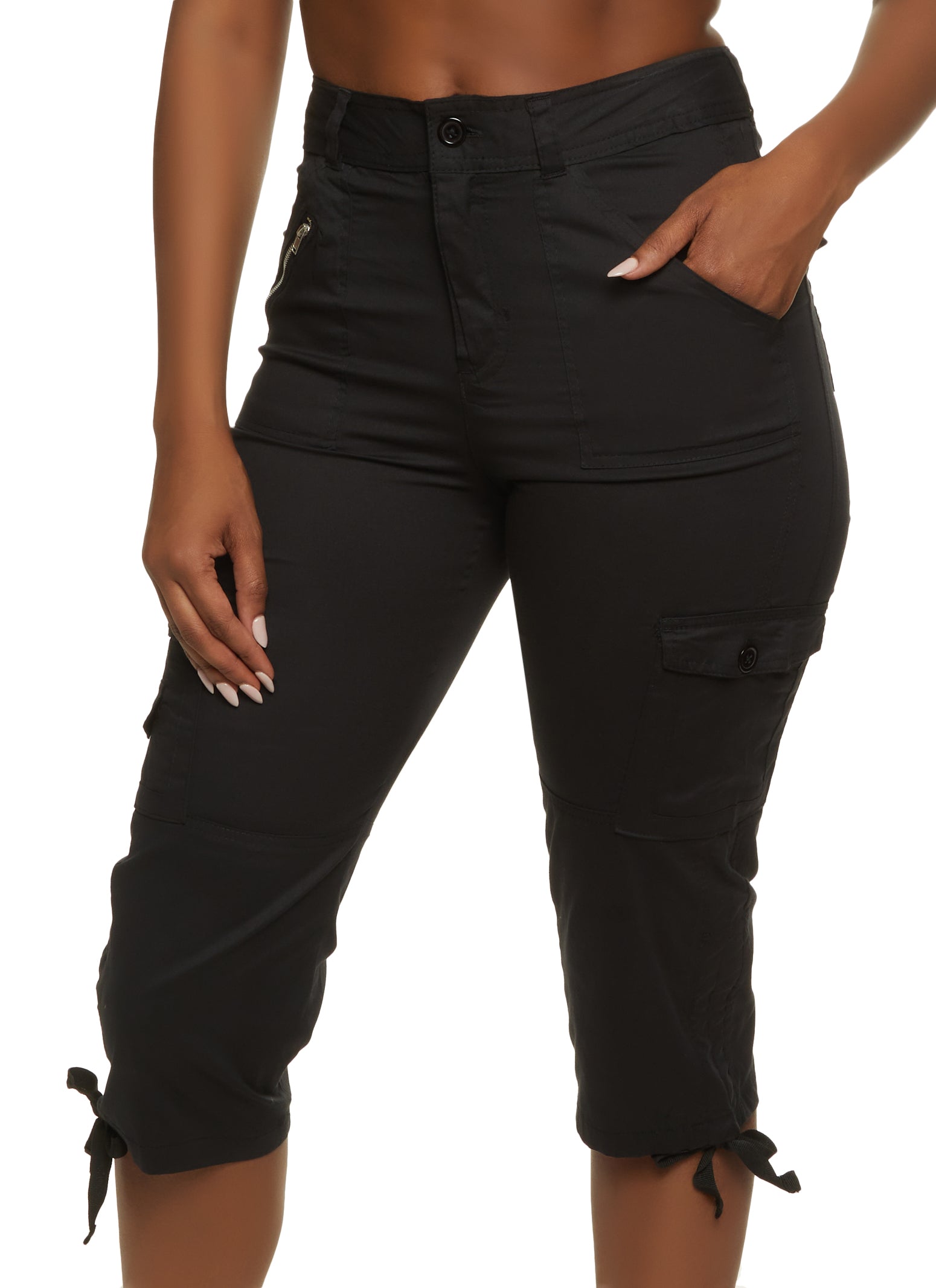 Solid Zip Pocket Detail Cargo Capris