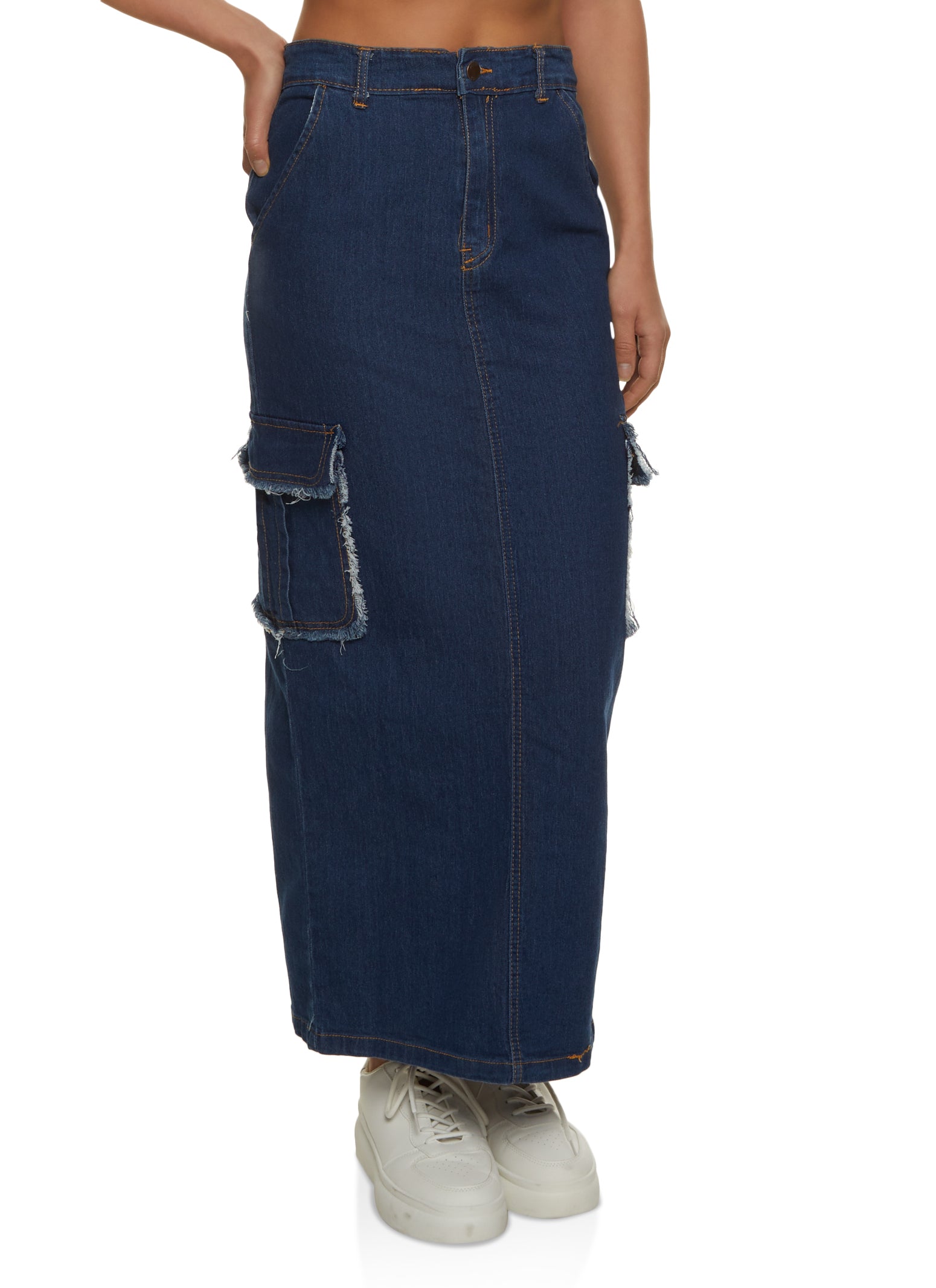 Denim Frayed Trim Cargo Pocket Maxi Skirt