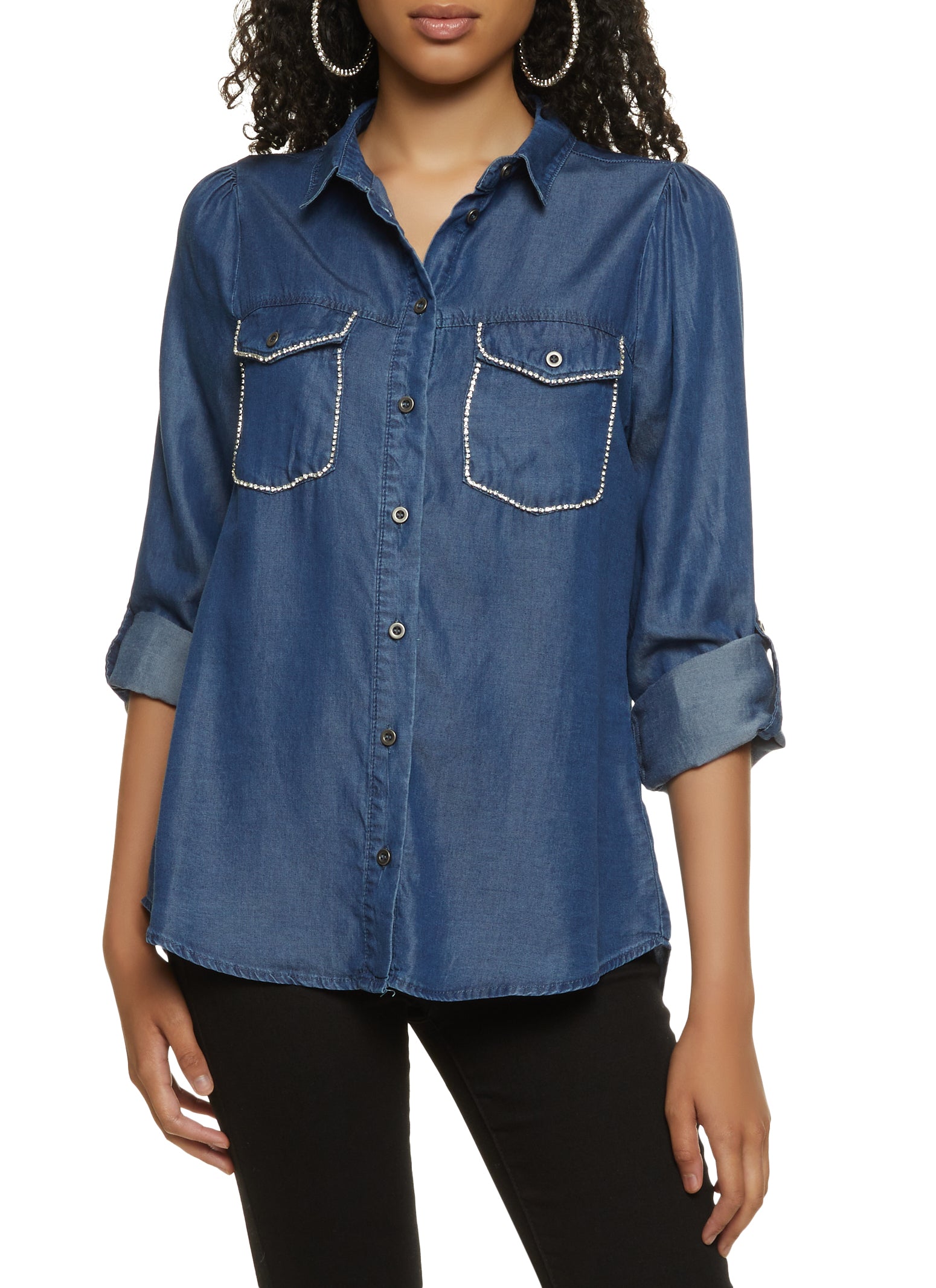 Rhinestone Trim Pocket Chambray Shirt - Dark Wash