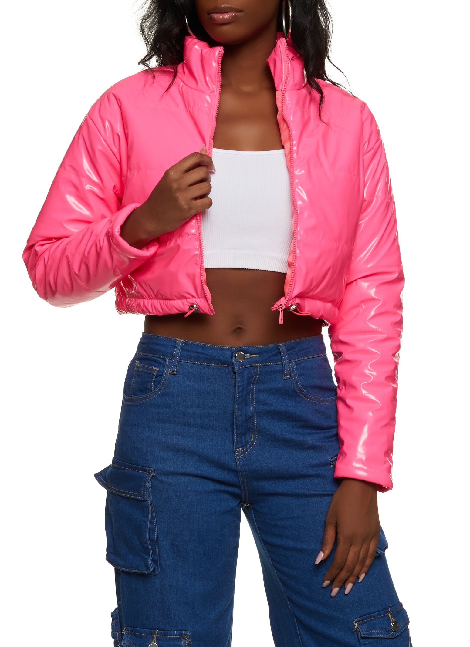 Faux Patent Leather Cropped Puffer Jacket