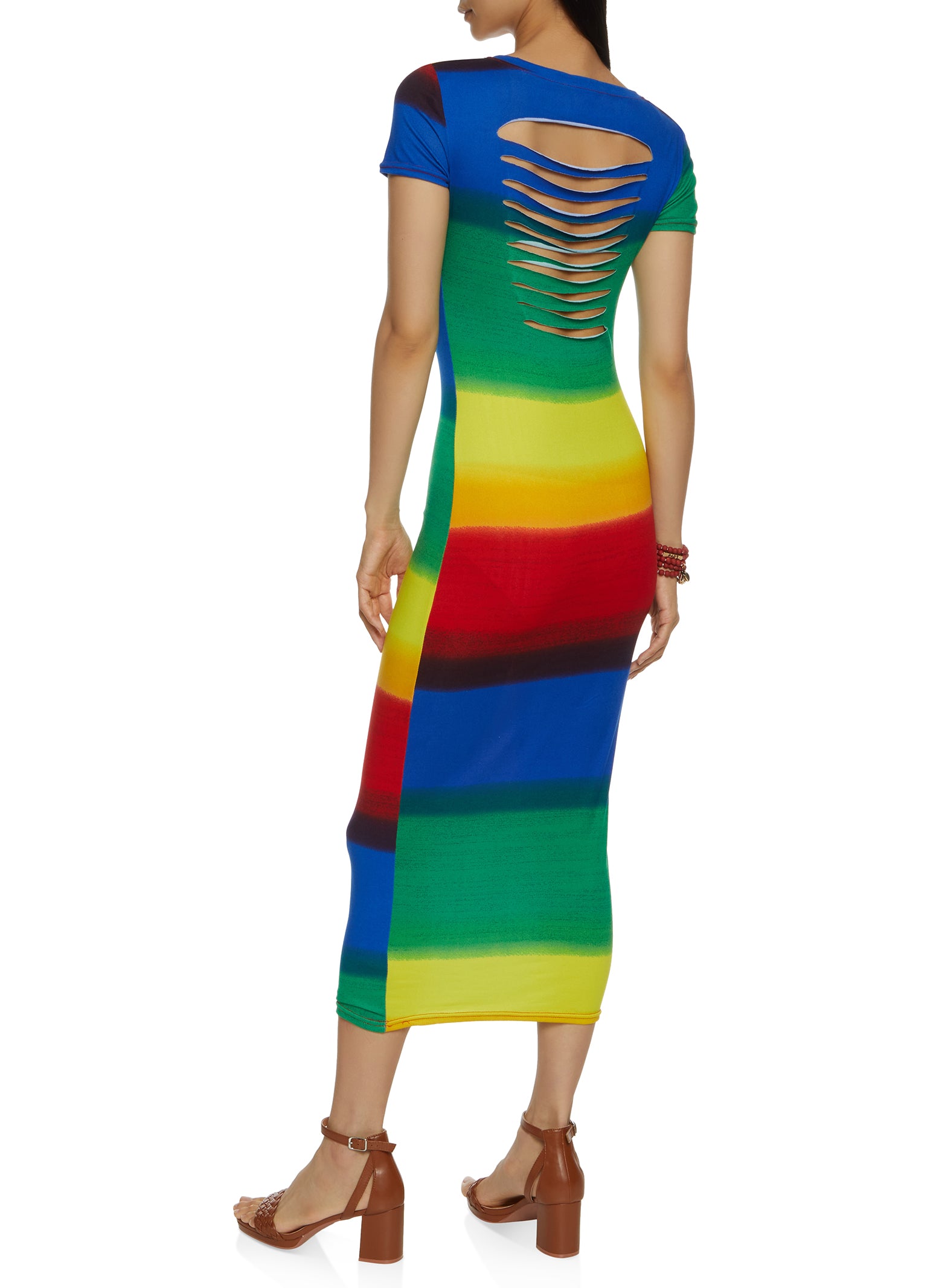 Rainbow Stripe Laser Cut T Shirt Dress