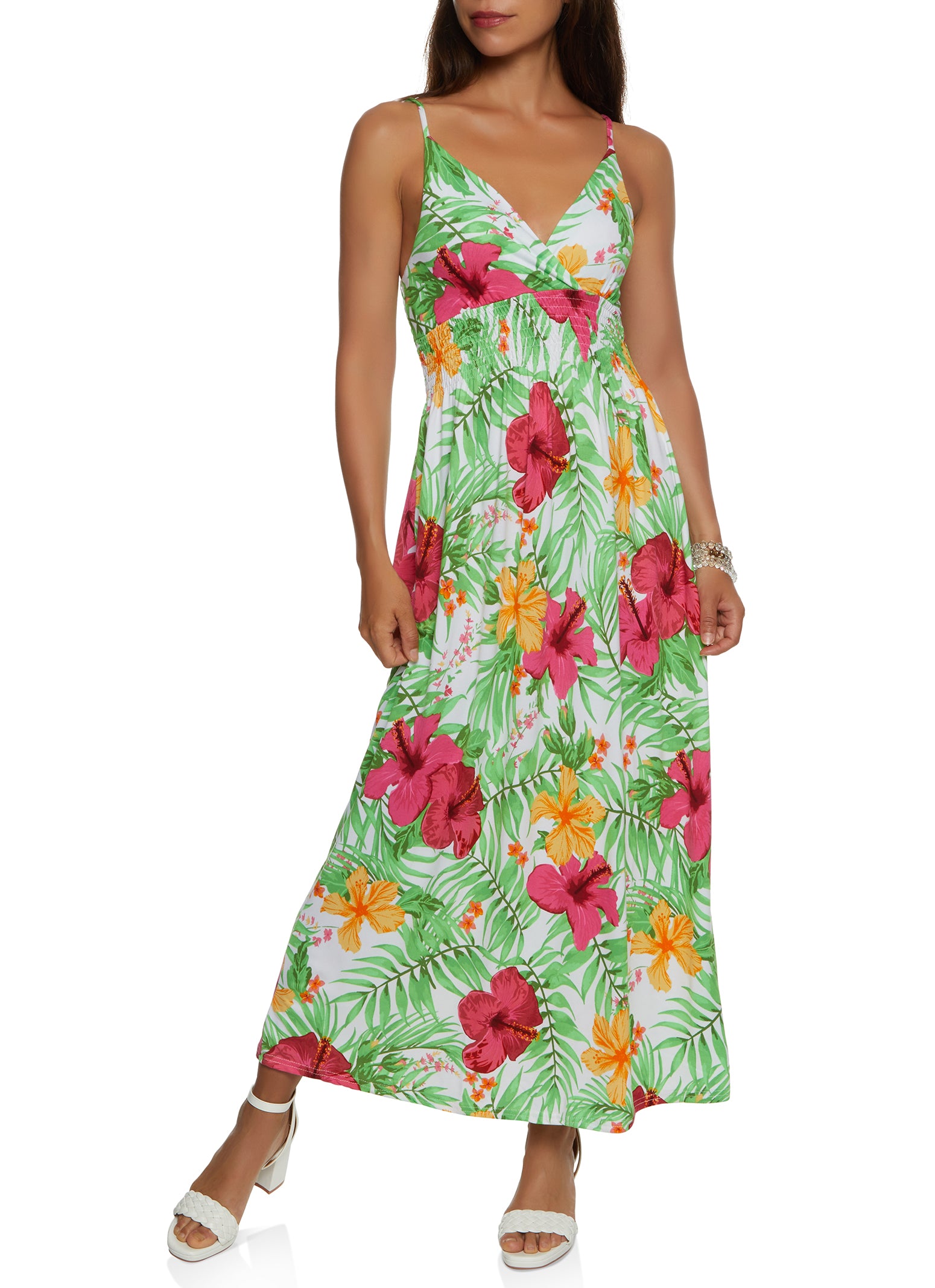 Tropical Print Smocked Waist Maxi Dress