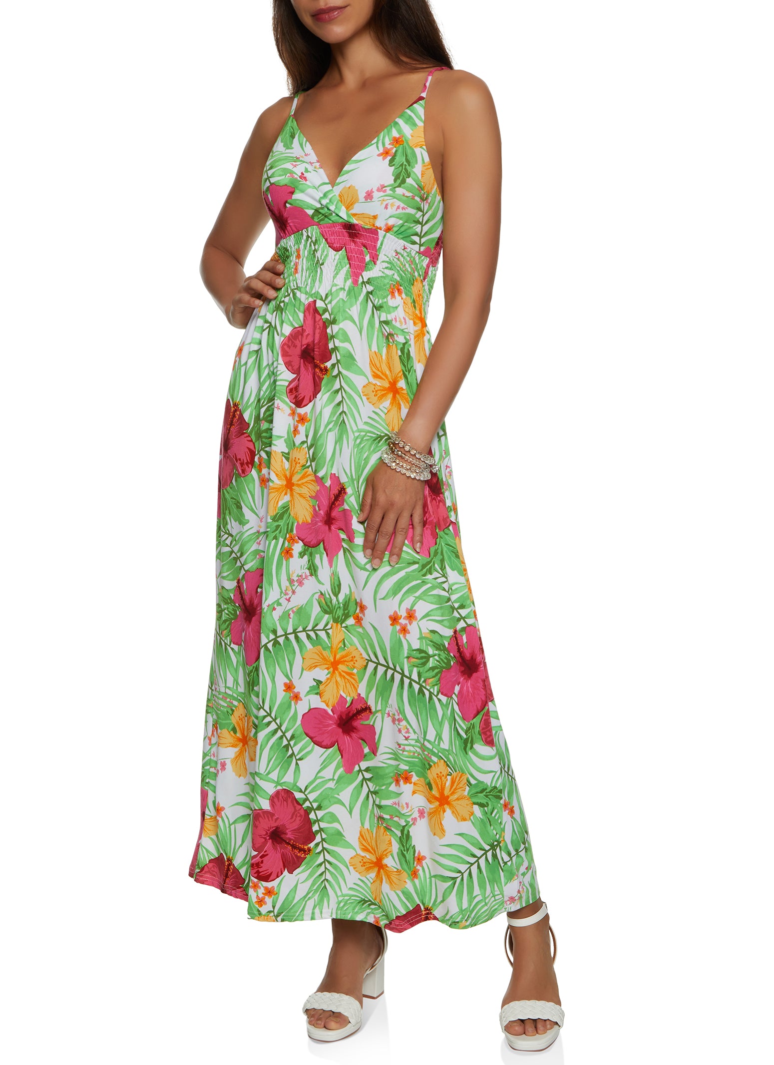 Tropical Print Smocked Waist Maxi Dress