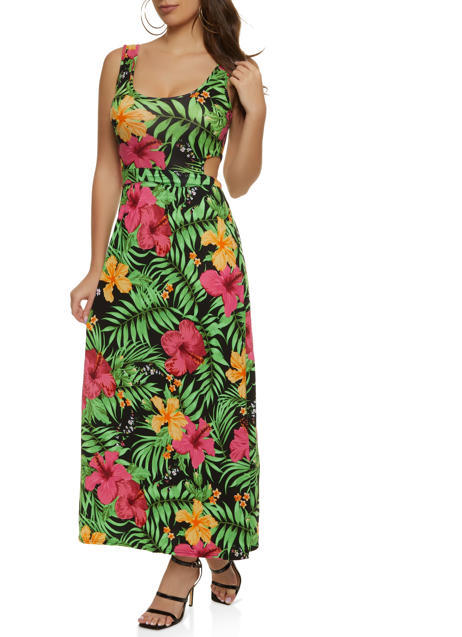 Tropical Floral Print Cut Out Maxi Dress