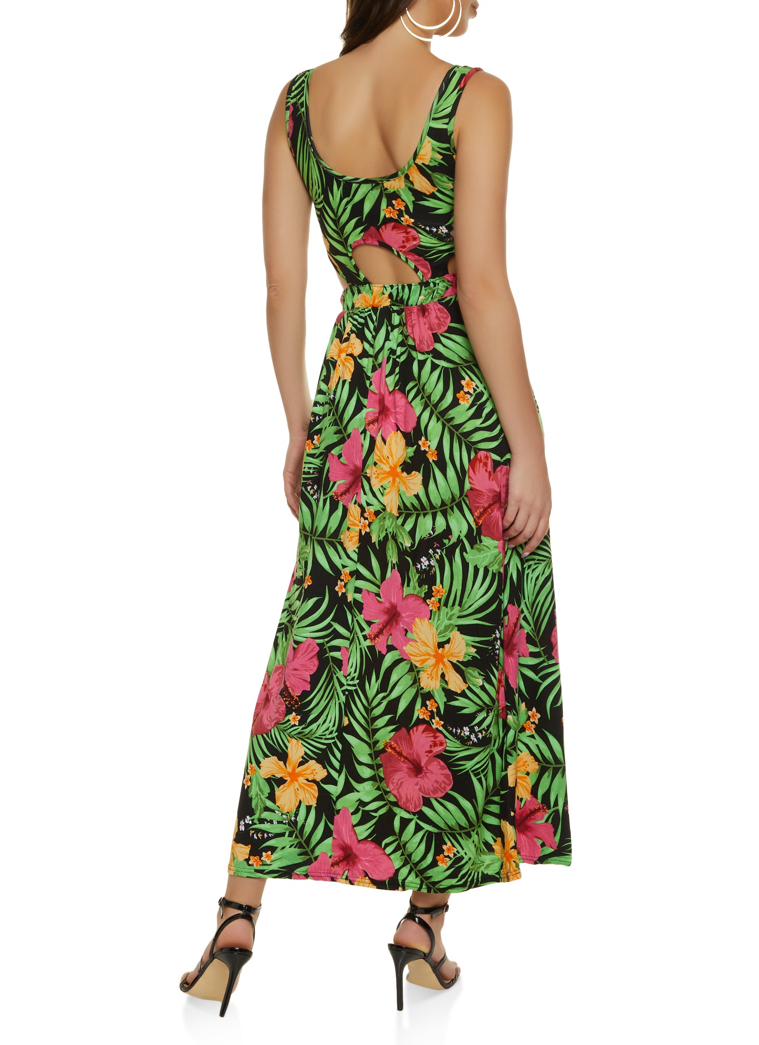 Tropical Floral Print Cut Out Maxi Dress