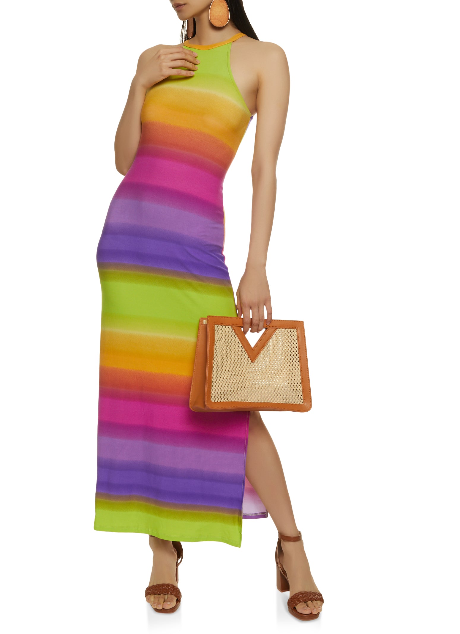 Rainbow Striped High Neck Maxi Dress