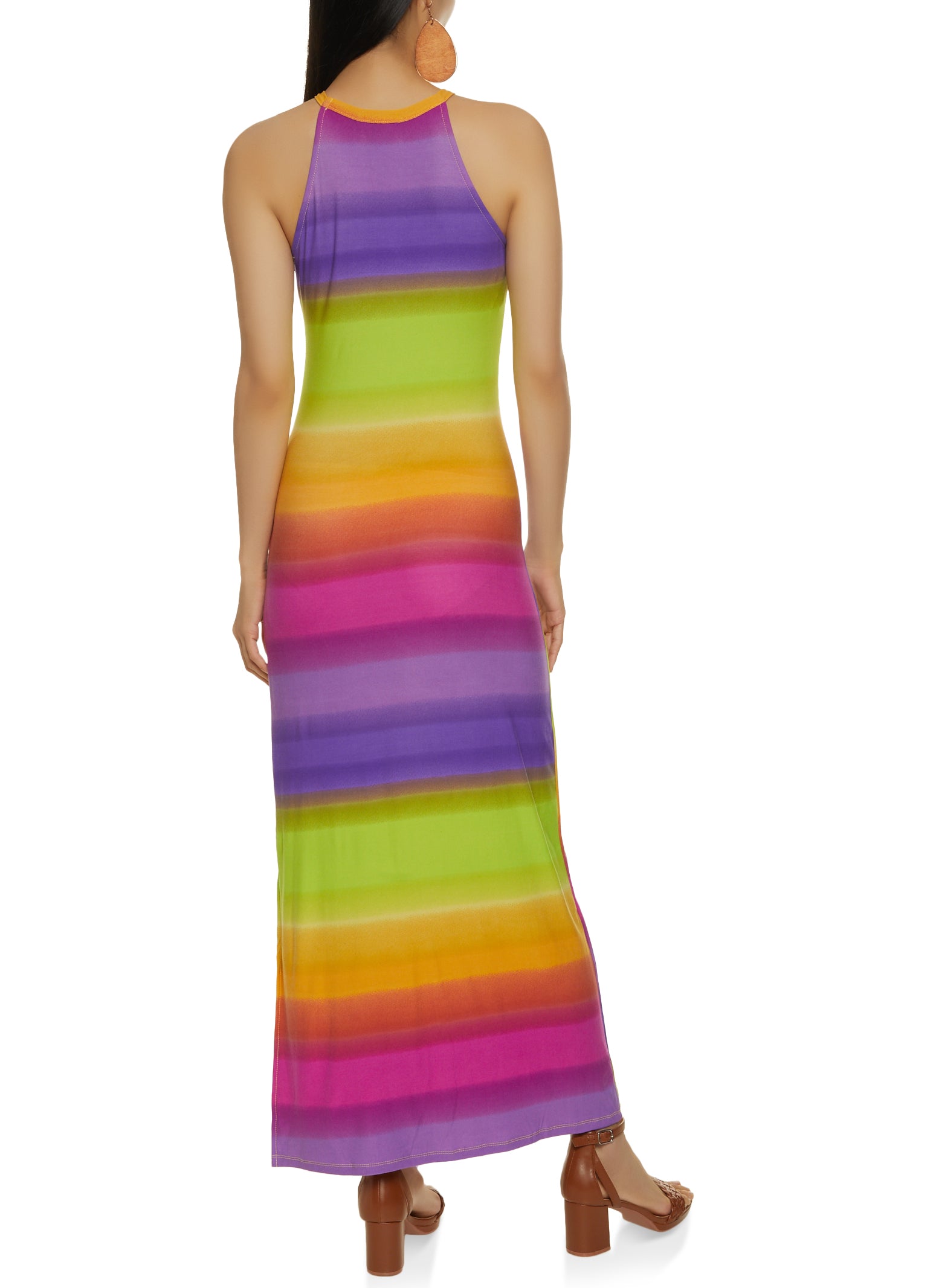 Rainbow Striped High Neck Maxi Dress