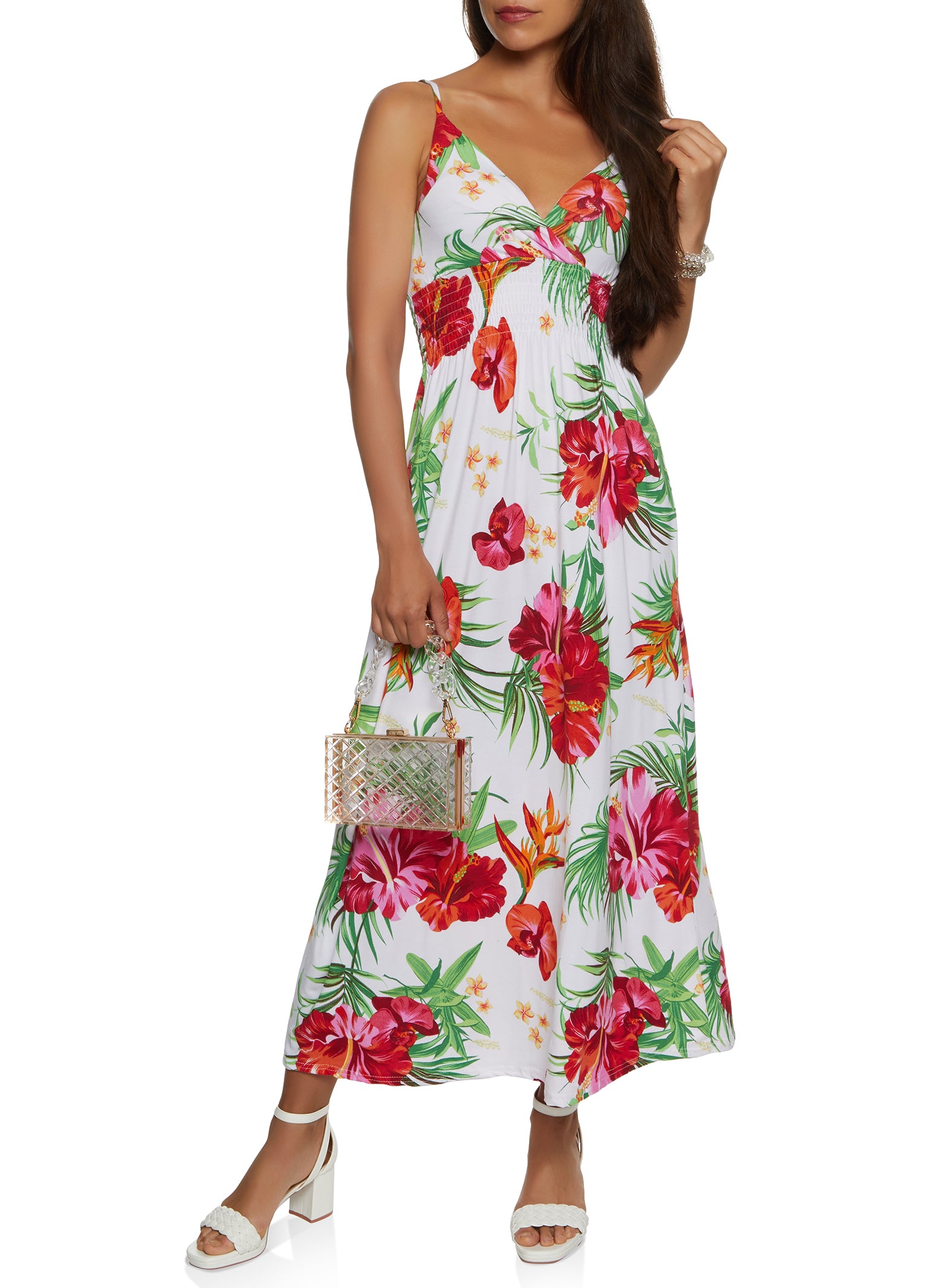 Tropical Printed Smocked Waist Maxi Dress