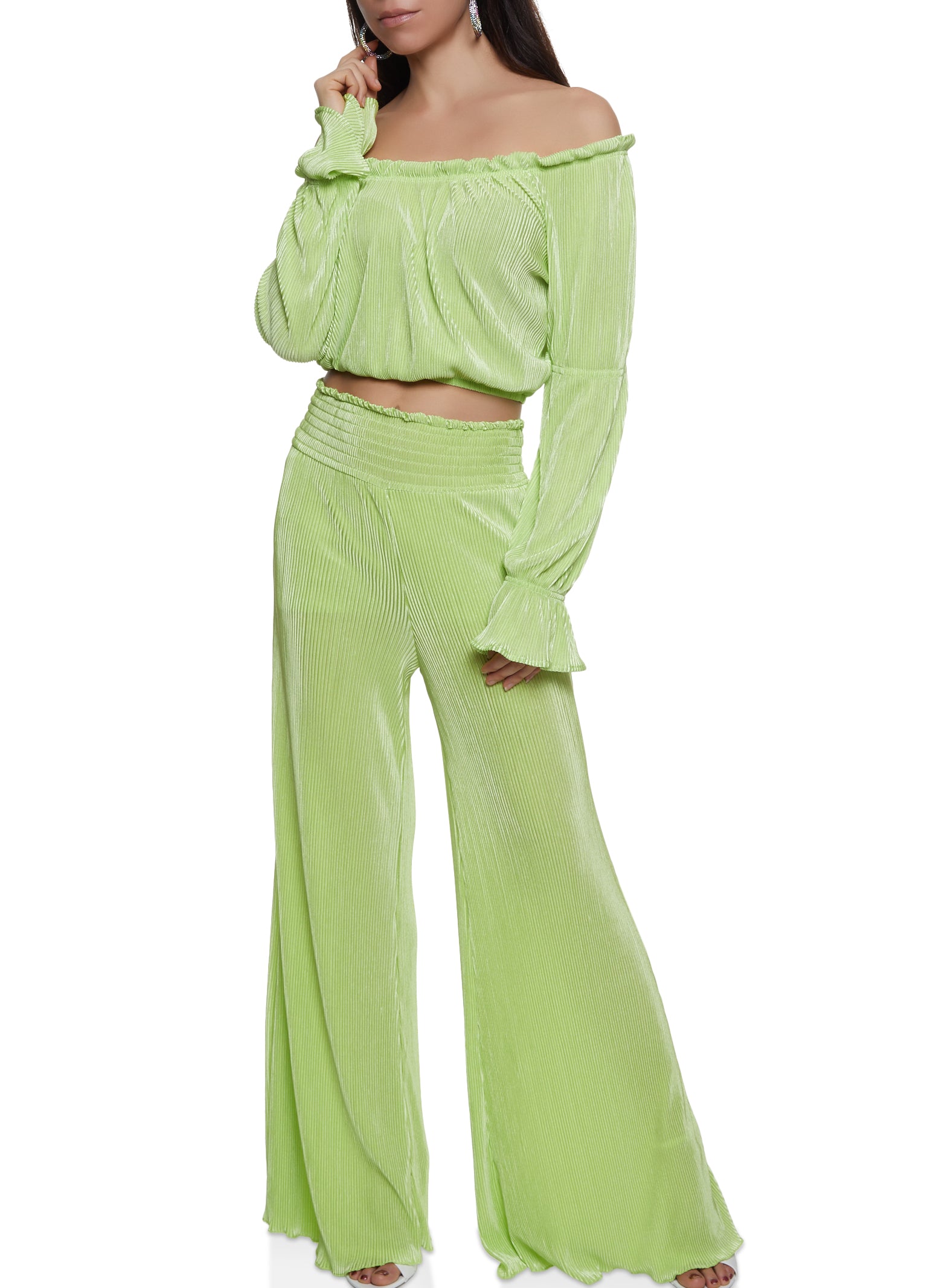 Bright Green Plisse High Waisted Wide Leg Pants