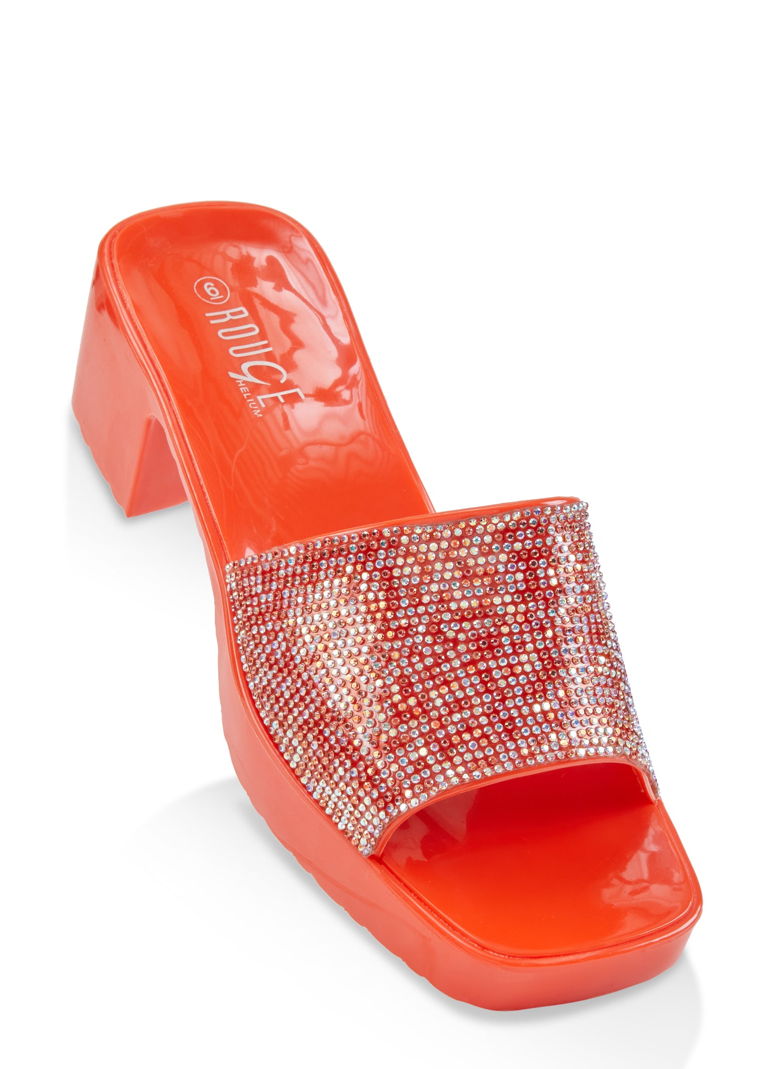 Rhinestone Band Jelly Block Heel Sandals Orange