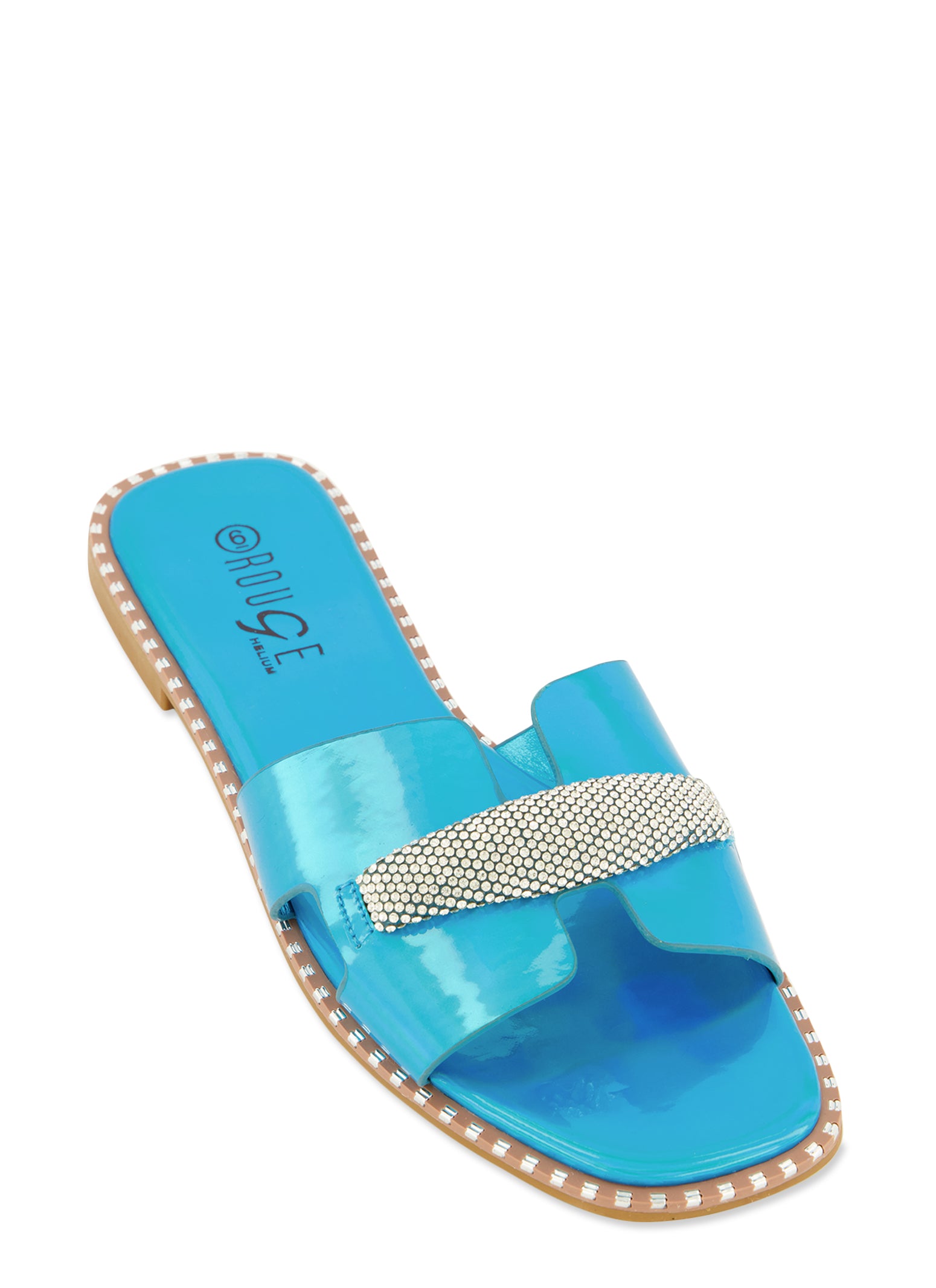 Studded Trim Rhinestone Cut Out Band Slide Sandals Turquoise