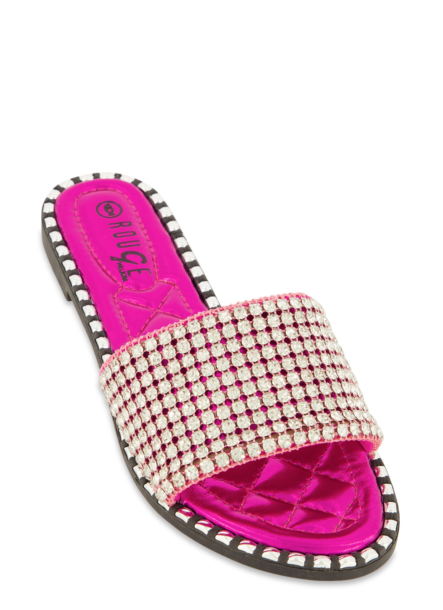 Studded Trim Rhinestone Single Band Slide Sandals Neon Pink