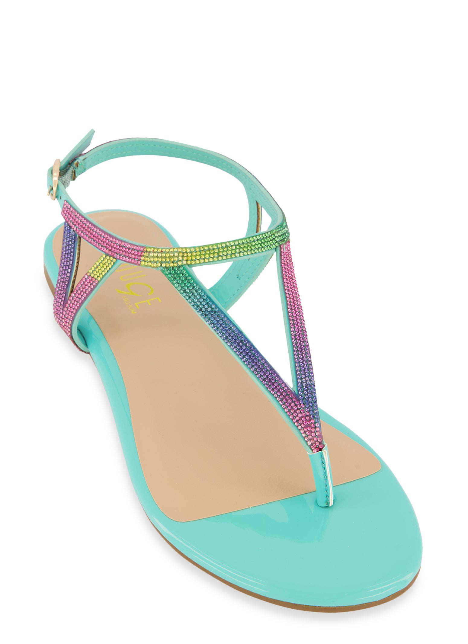 Rhinestone Embellished Buckle Strap Thong Sandals Turquoise