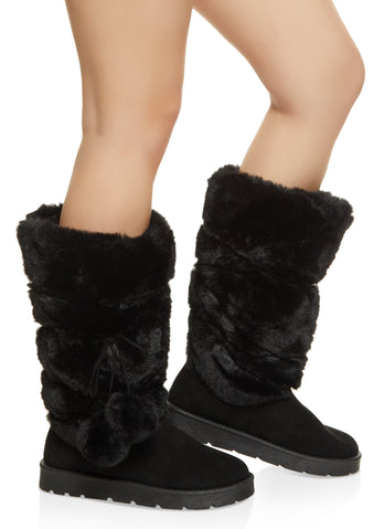 Womens Faux Fur Pom Pom Tall Boots, Beige, Size 10 | Rainbow Shops