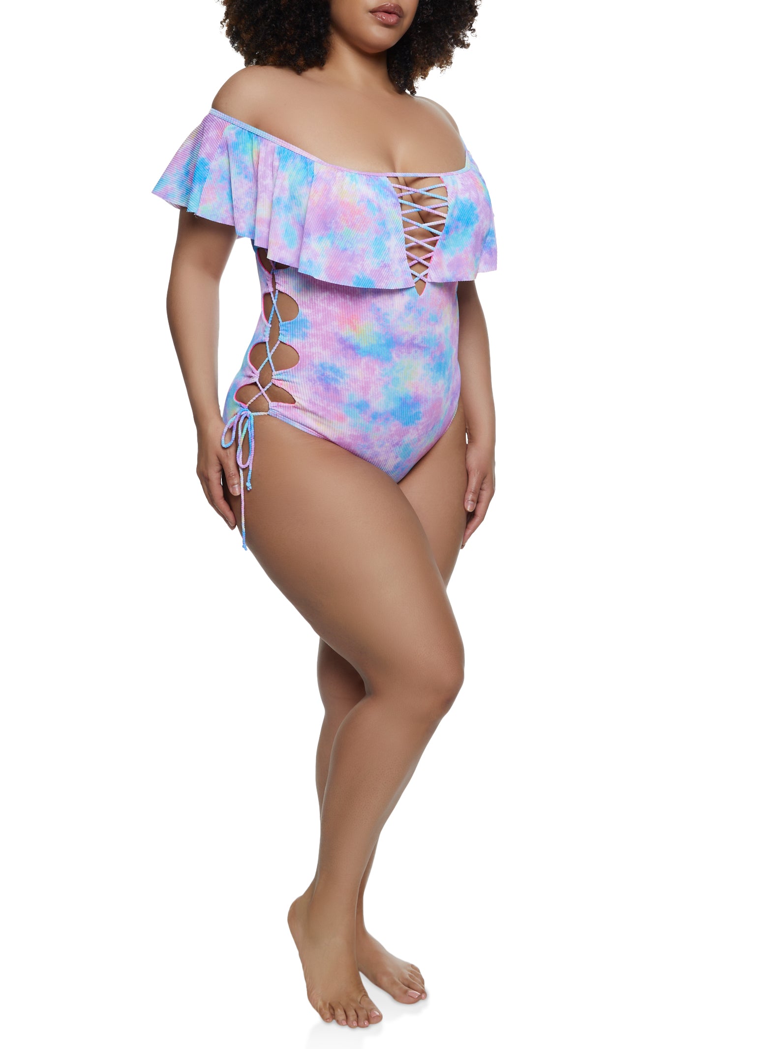 Plus Size Tie Dye Off The Shoulder One Piece Swimsuit 