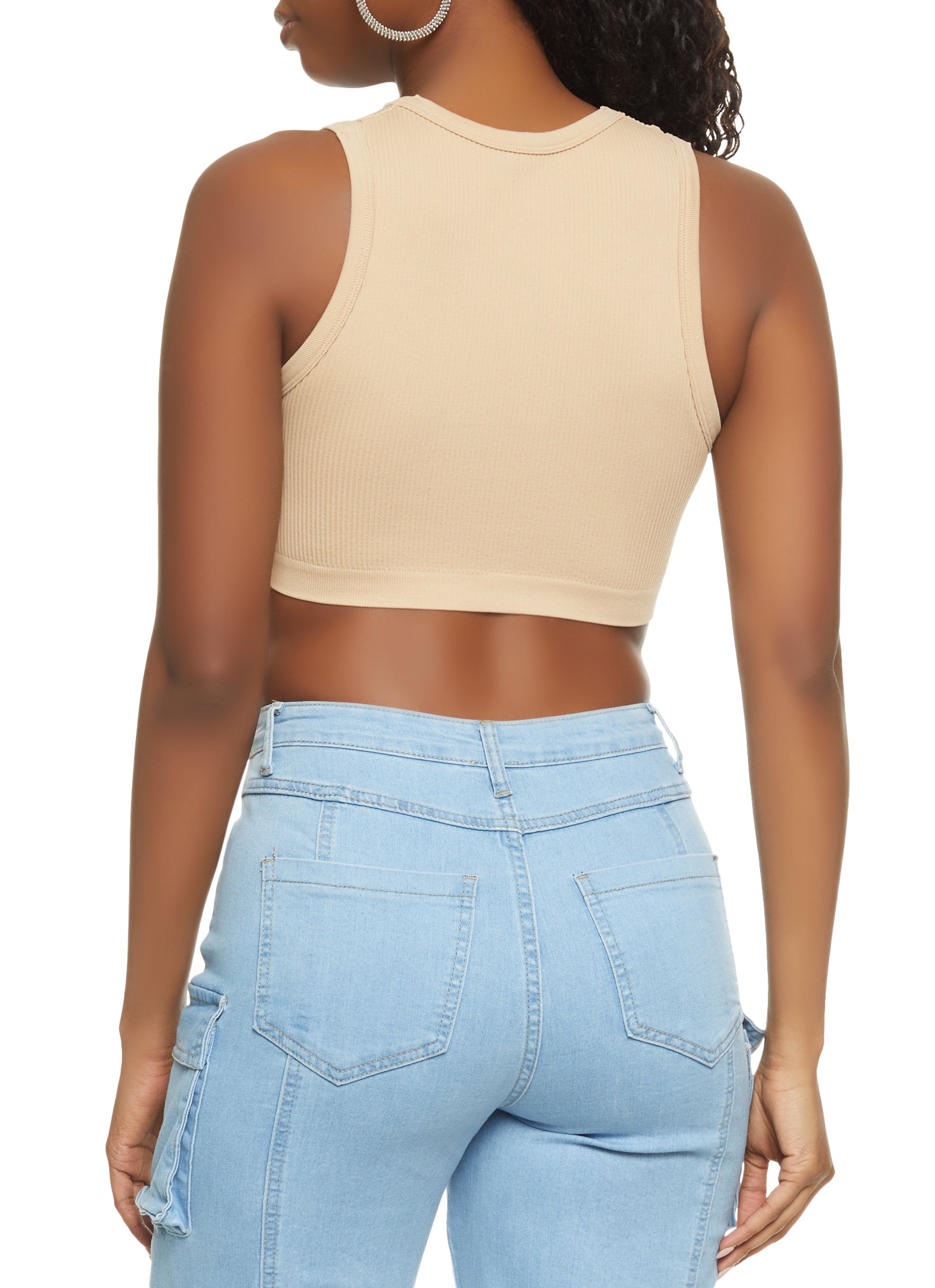 Sleeveless Tank RIBBED HIGH NECK RACER BACK crop top Vest round