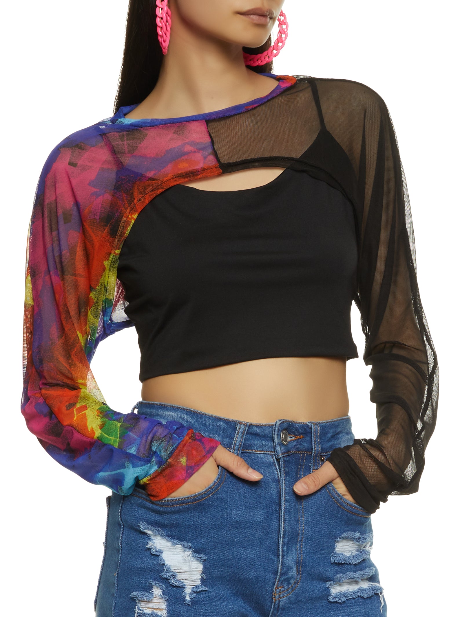 Two Tone High Neck Crop Top - Black