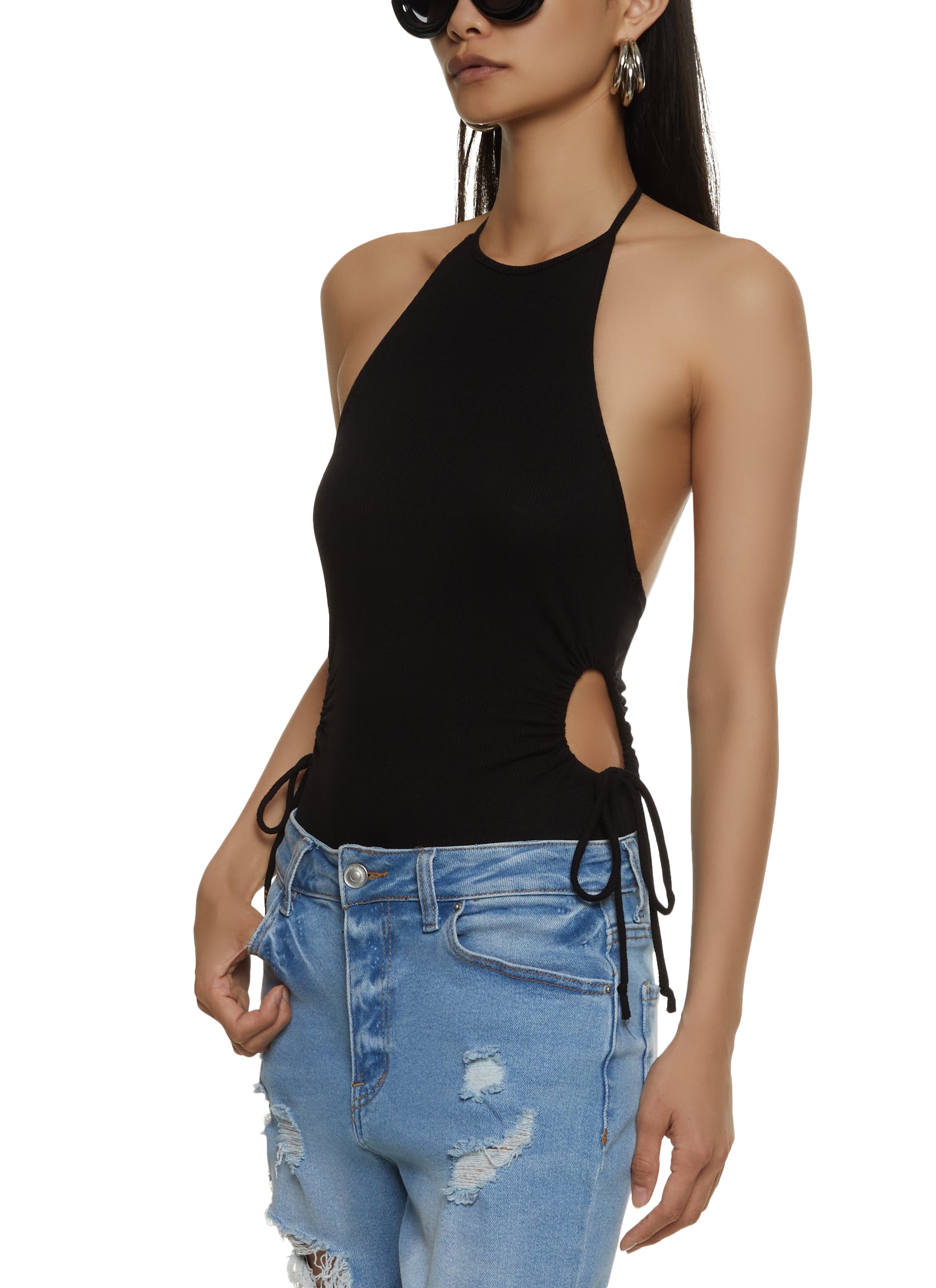 Ribbed Knit Keyhole Halter Bodysuit