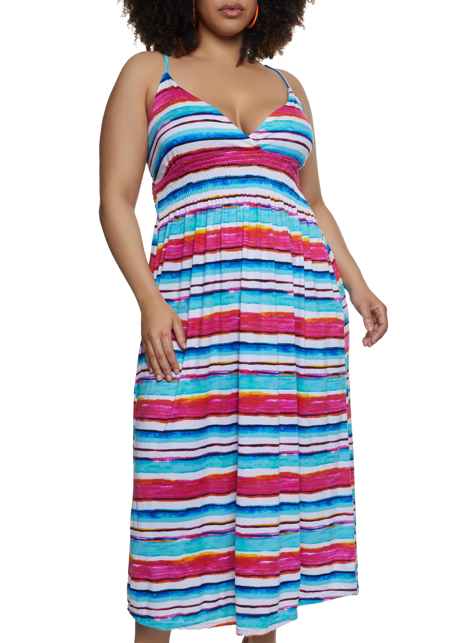 Plus Size Striped Smocked Waist Maxi Dress 