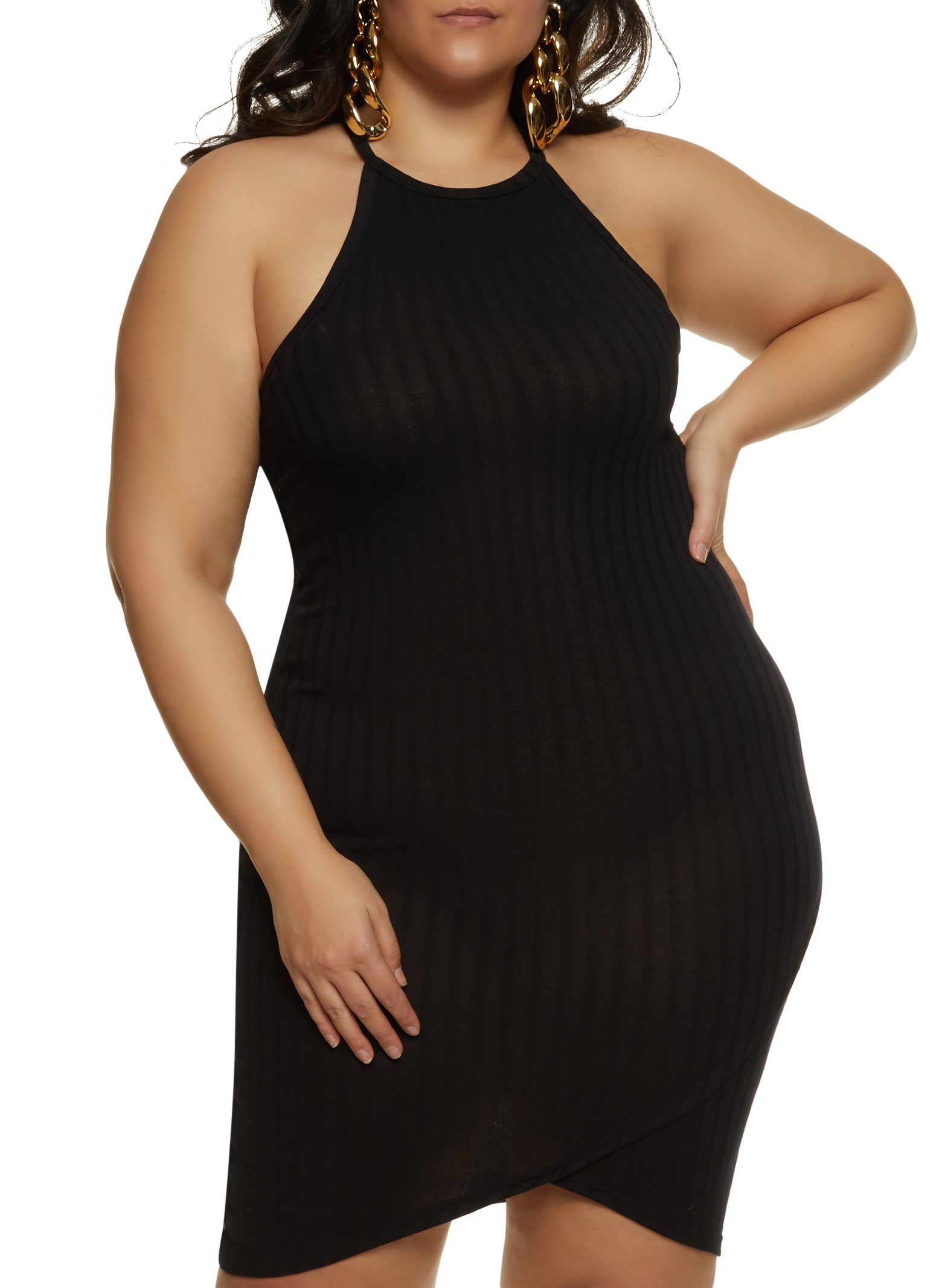 Plus Size Ribbed High Neck Tulip Hem Dress