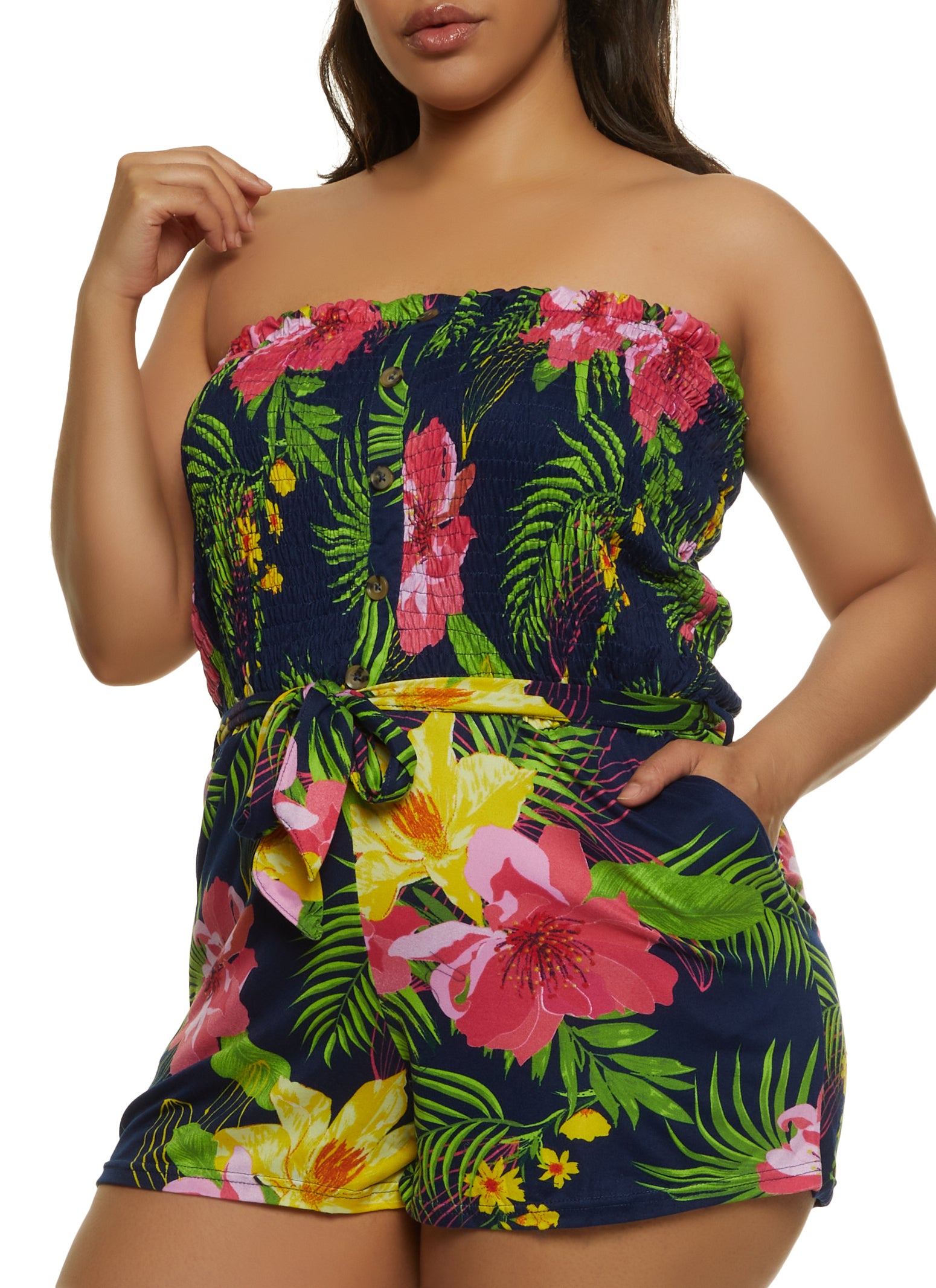 Plus Size Tropical Print Tube Romper