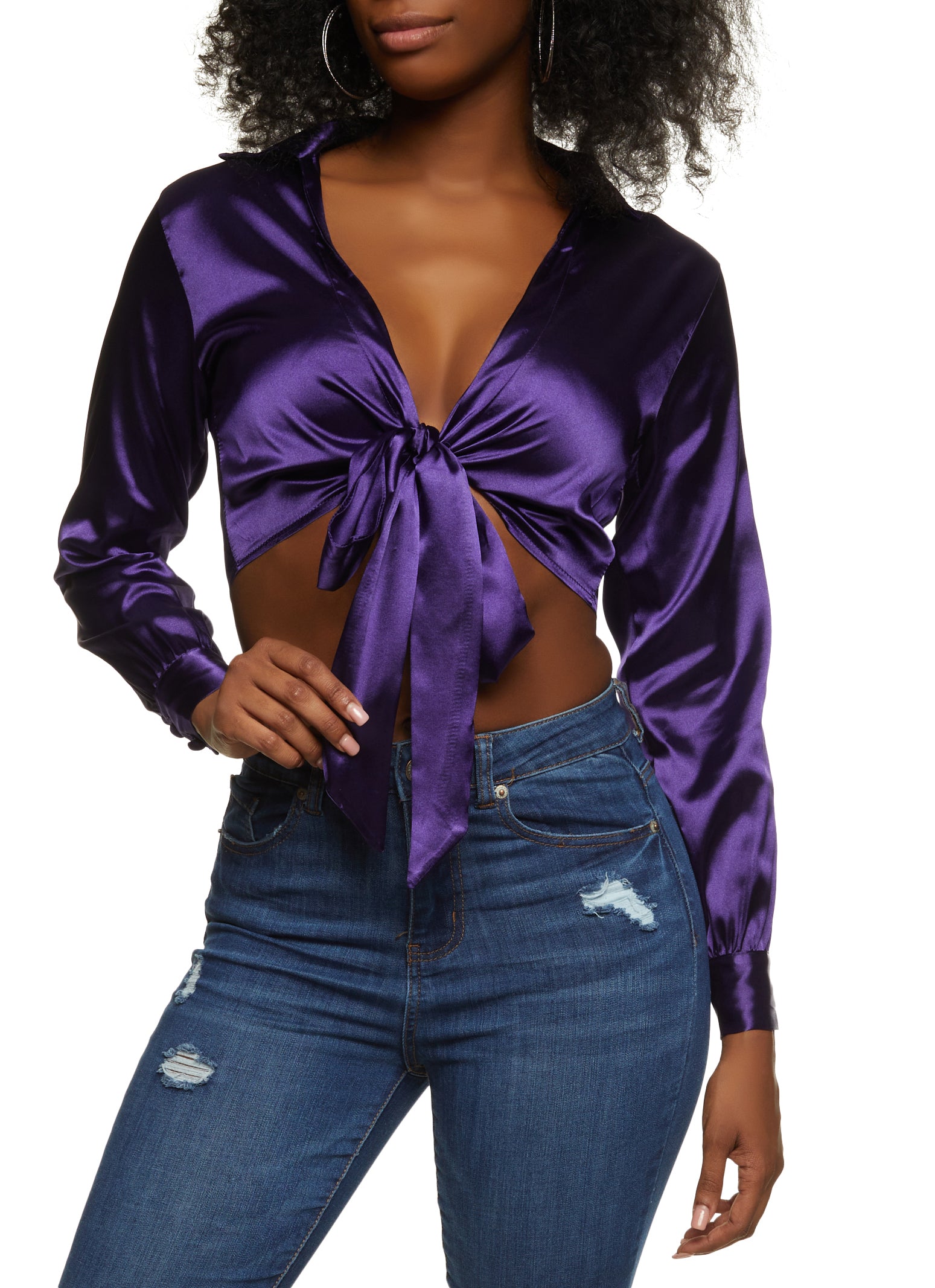 Fashion Hugcitar Solid Satin Women Long Sleeve Bandage Cut Out Crop Top  Midi-purple