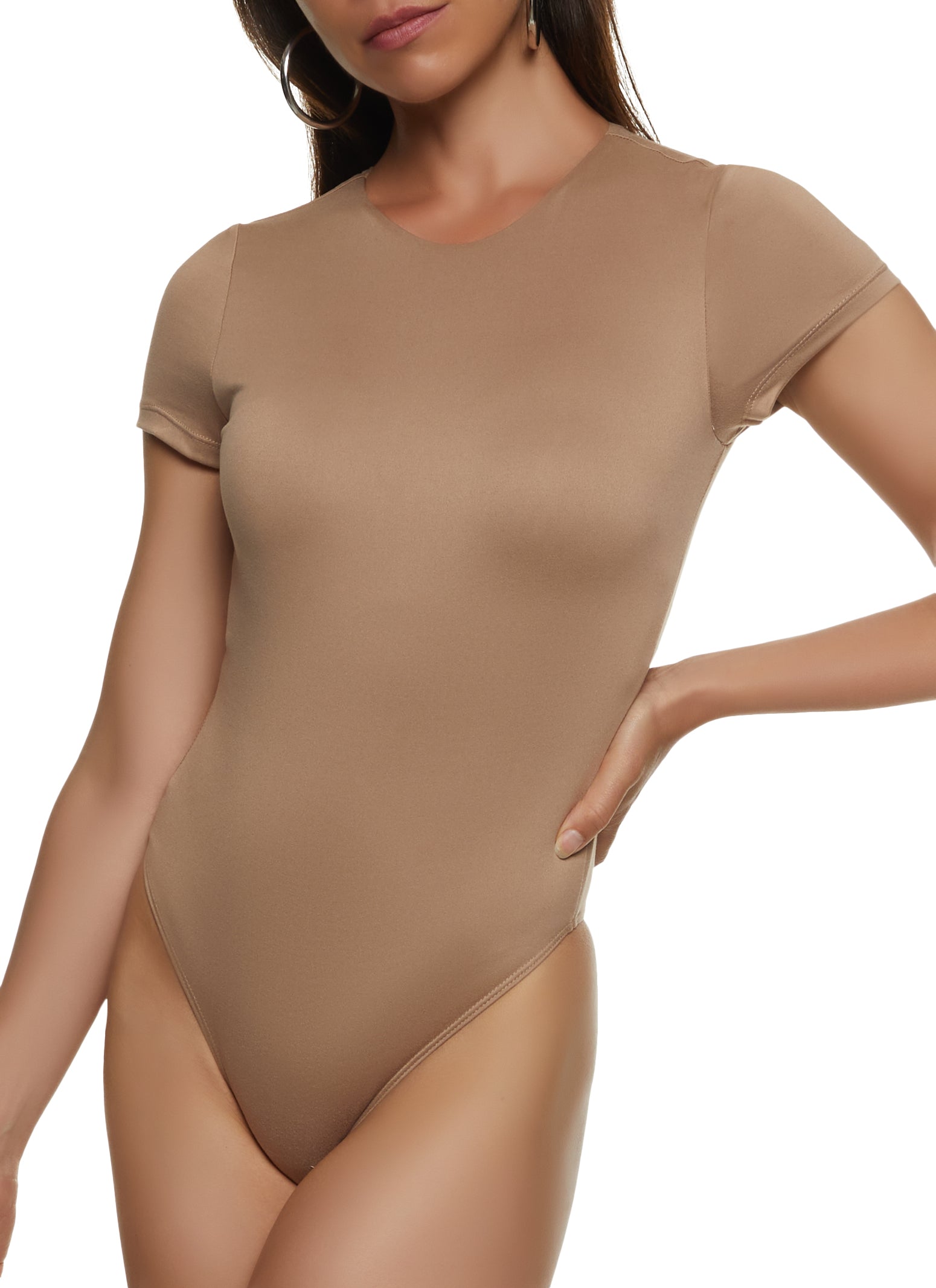 Plus Size Basic Crew Neck Short Sleeve Bodysuit - Taupe