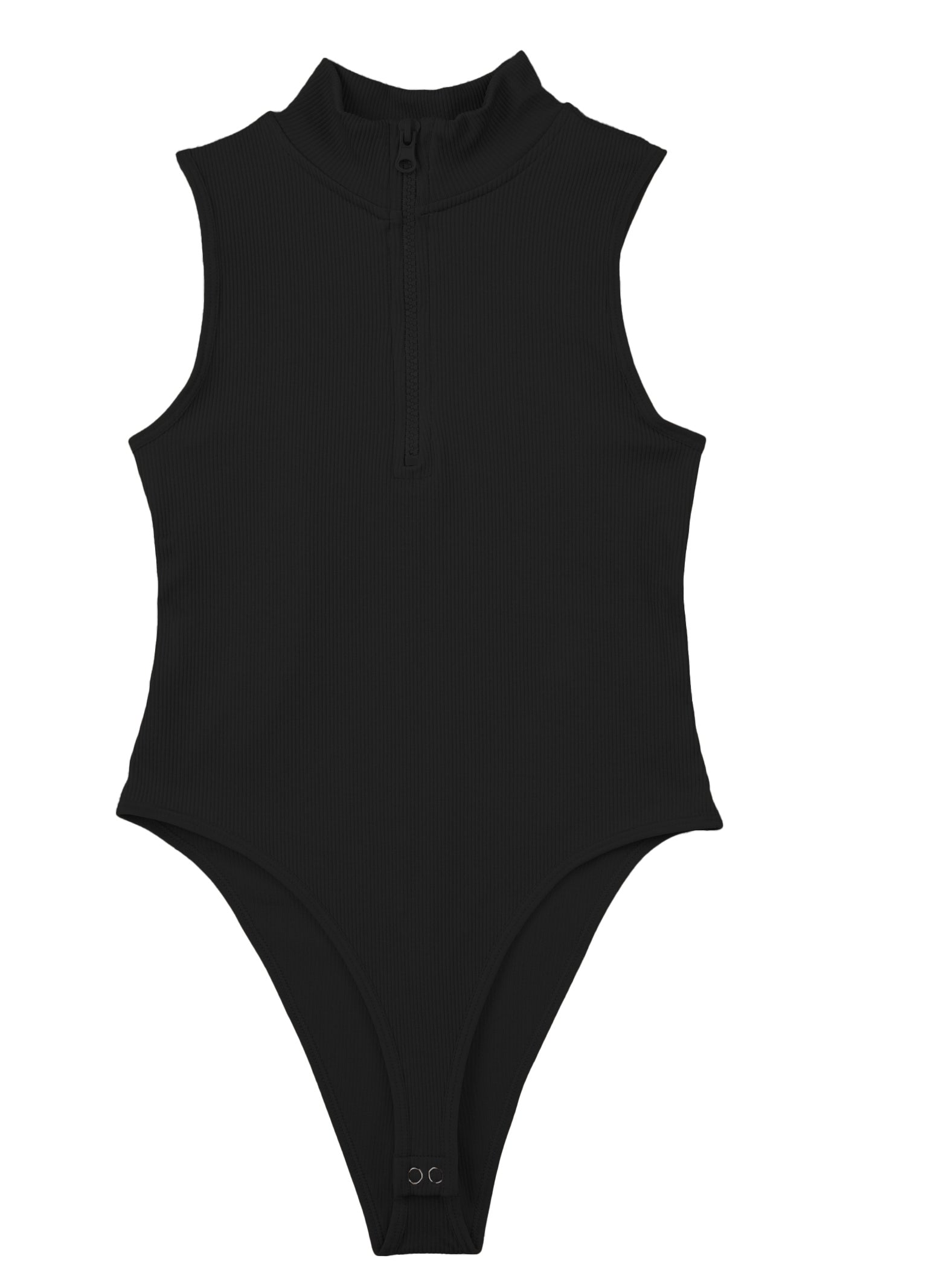 Black Ribbed Sleeveless High Neck Bodysuit