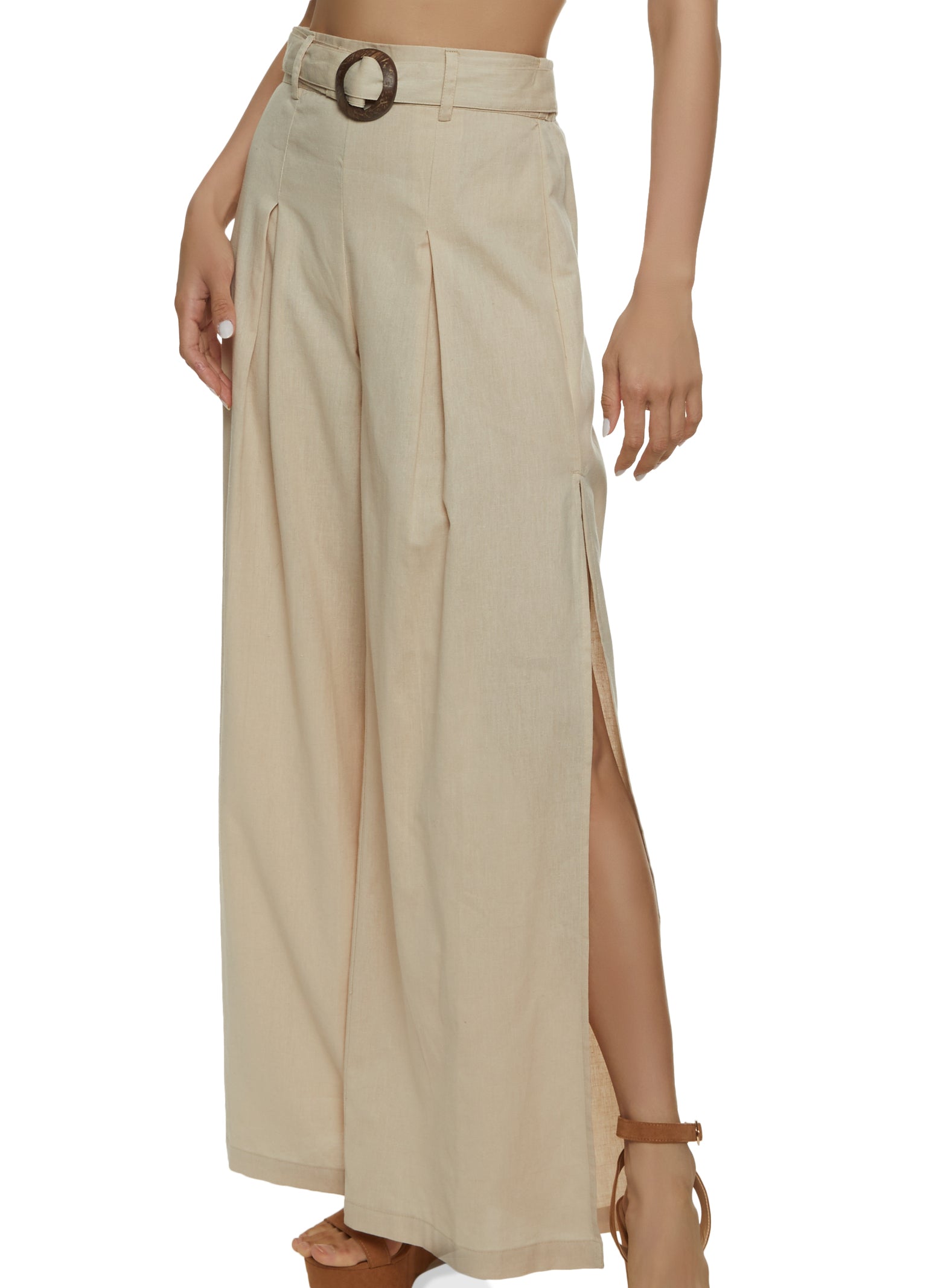 Linen Blend Belted High Waist Pants