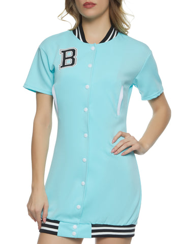 Button Front Baseball Jersey Dress - Royal Blue