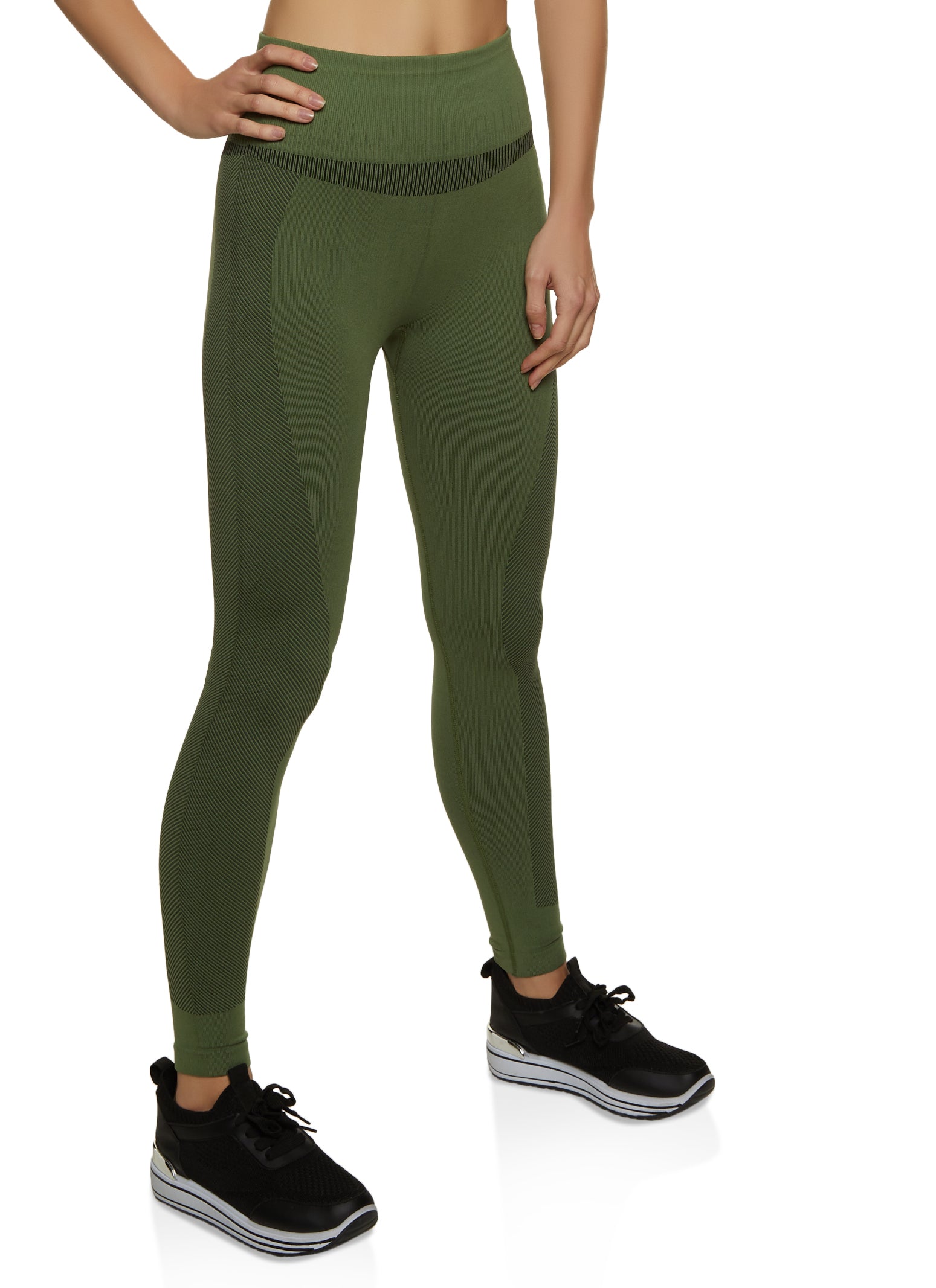 Solid Seamless Ribbed High Waisted Leggings - Olive