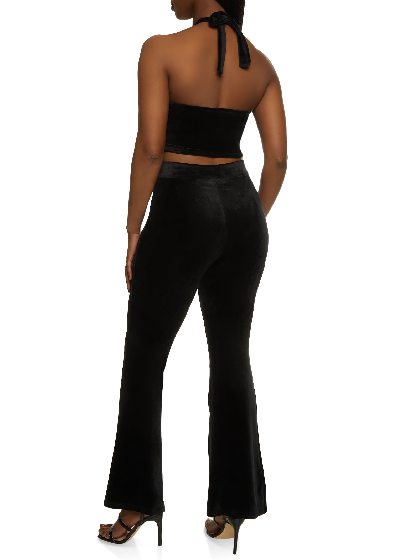Velour Cut Out Halter Crop Top and Flared Pants