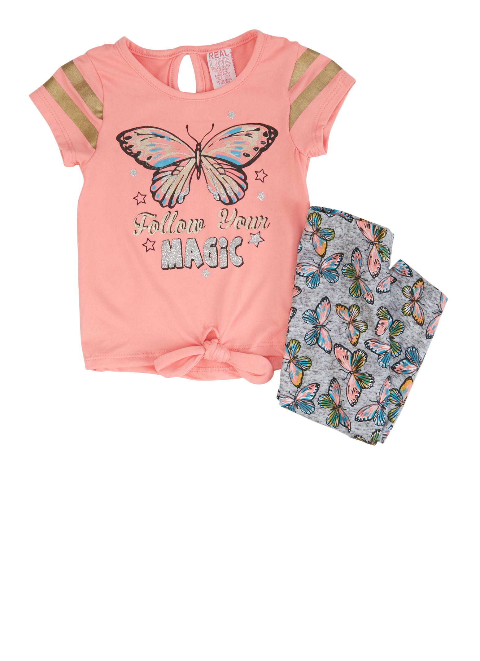 Little Girls Tie Front Butterfly Print Glitter Tee and Leggings - Pink