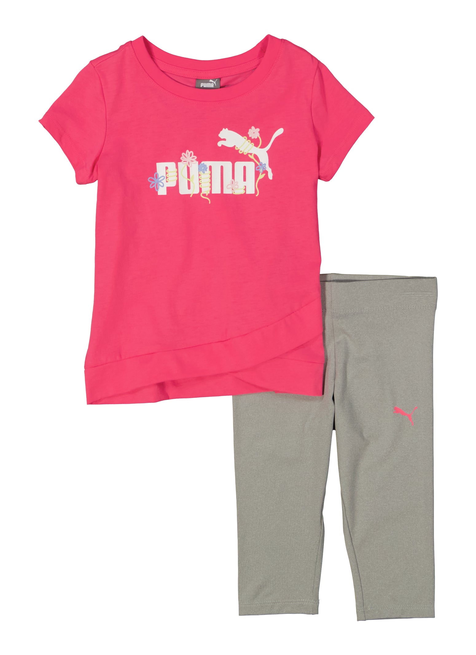 Little Girls Puma Flower Graphic Tee and Leggings - Neon Pink