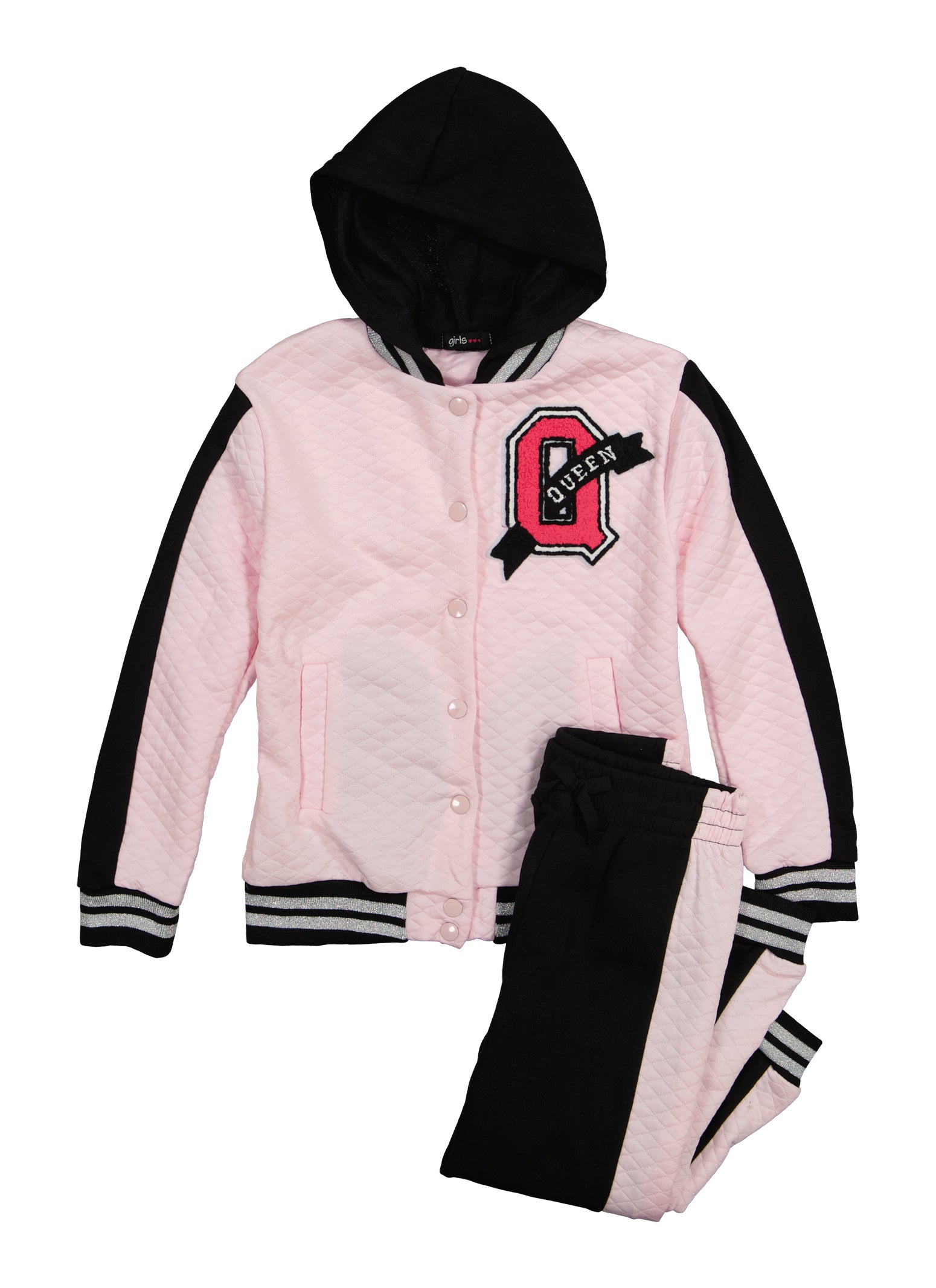 Girls Quilted Graphic Patch Varsity Jacket and Joggers