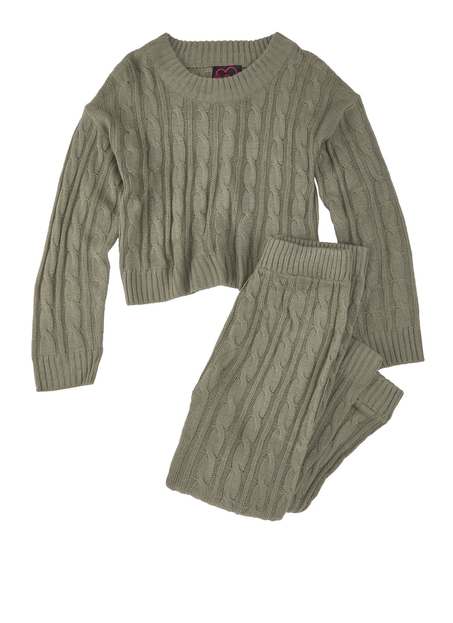 Cable Knit Crew Neck Sweater and Leggings Set - Olive