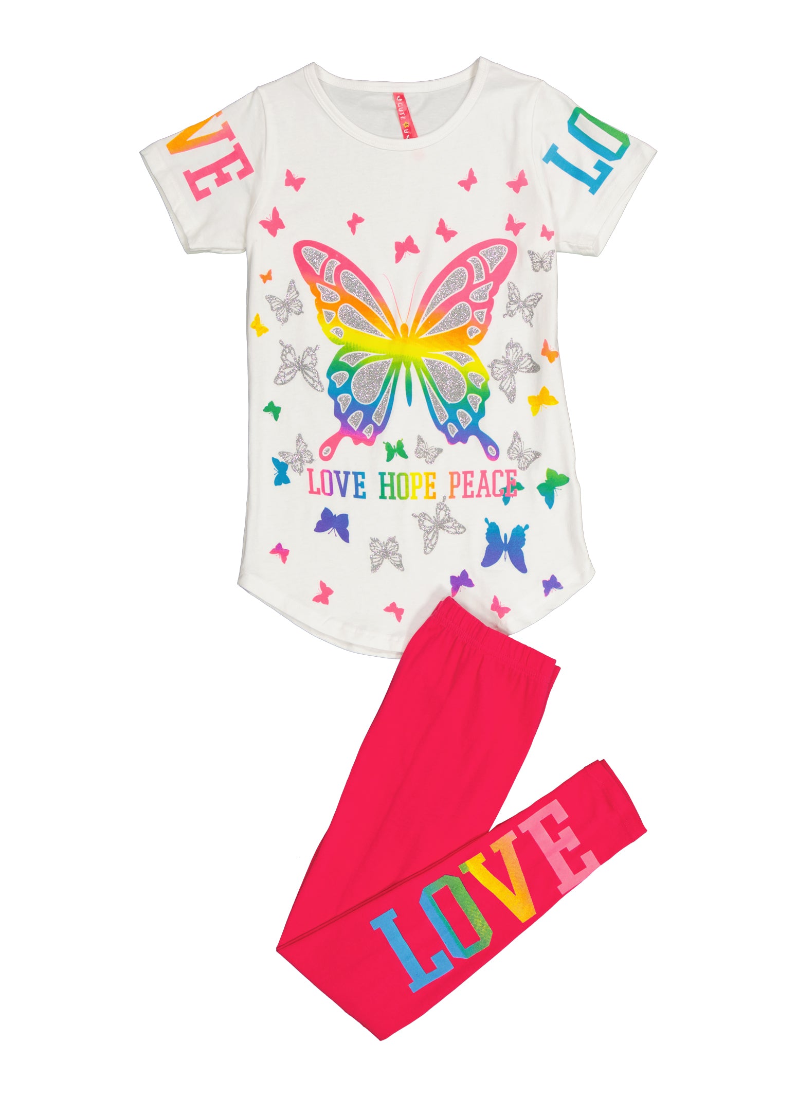 Little Girls Tie Front Butterfly Print Glitter Tee and Leggings - Pink