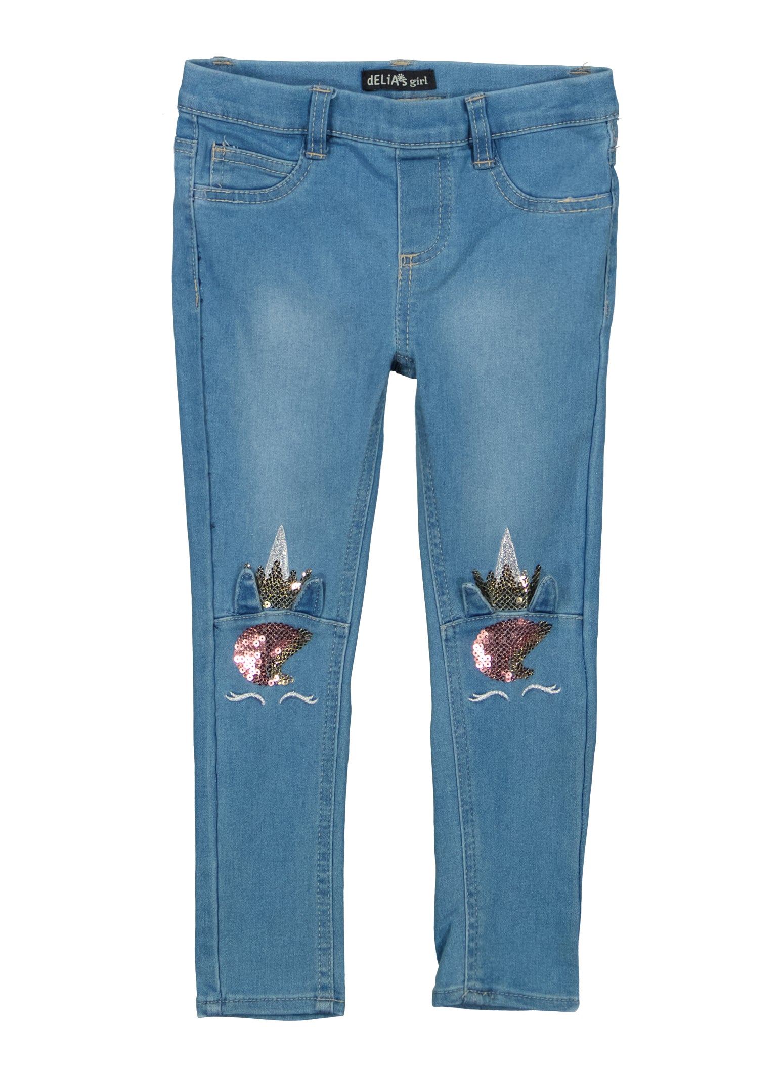 Little Girls Unicorn Sequin Knee Jeans