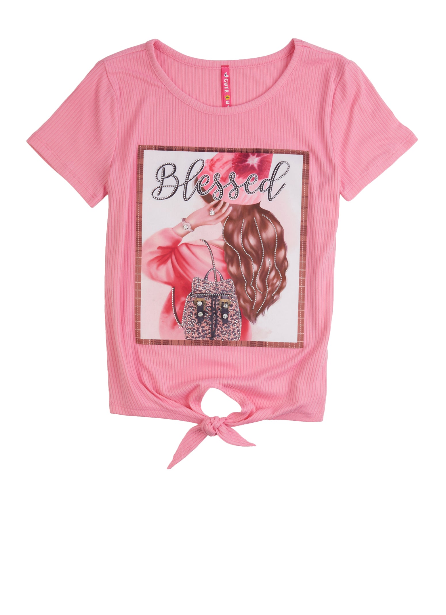 Girls Beaded Blessed Tie Knot Front Patch Graphic Tee