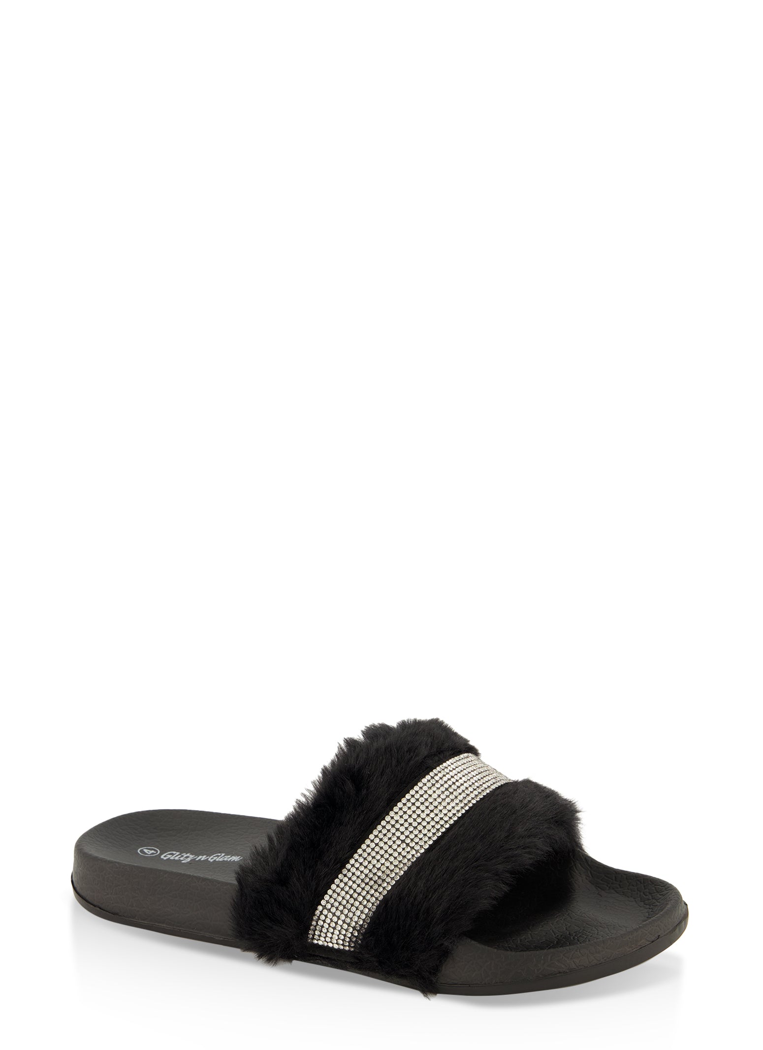 Girls Faux Fur Rhinestone Band Pool Slides Black