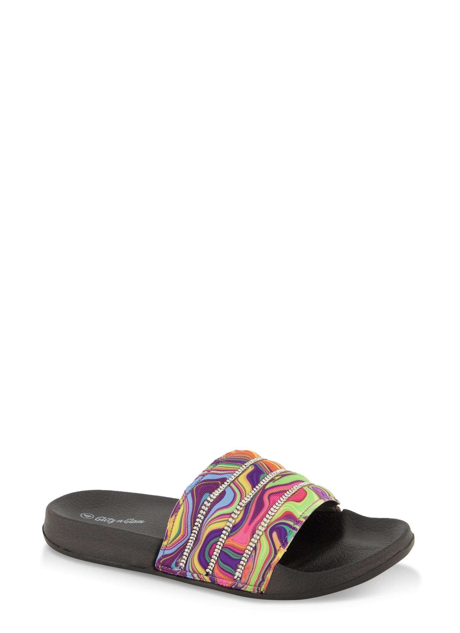 Girls Tie Dye Rhinestone Pool Slides Black