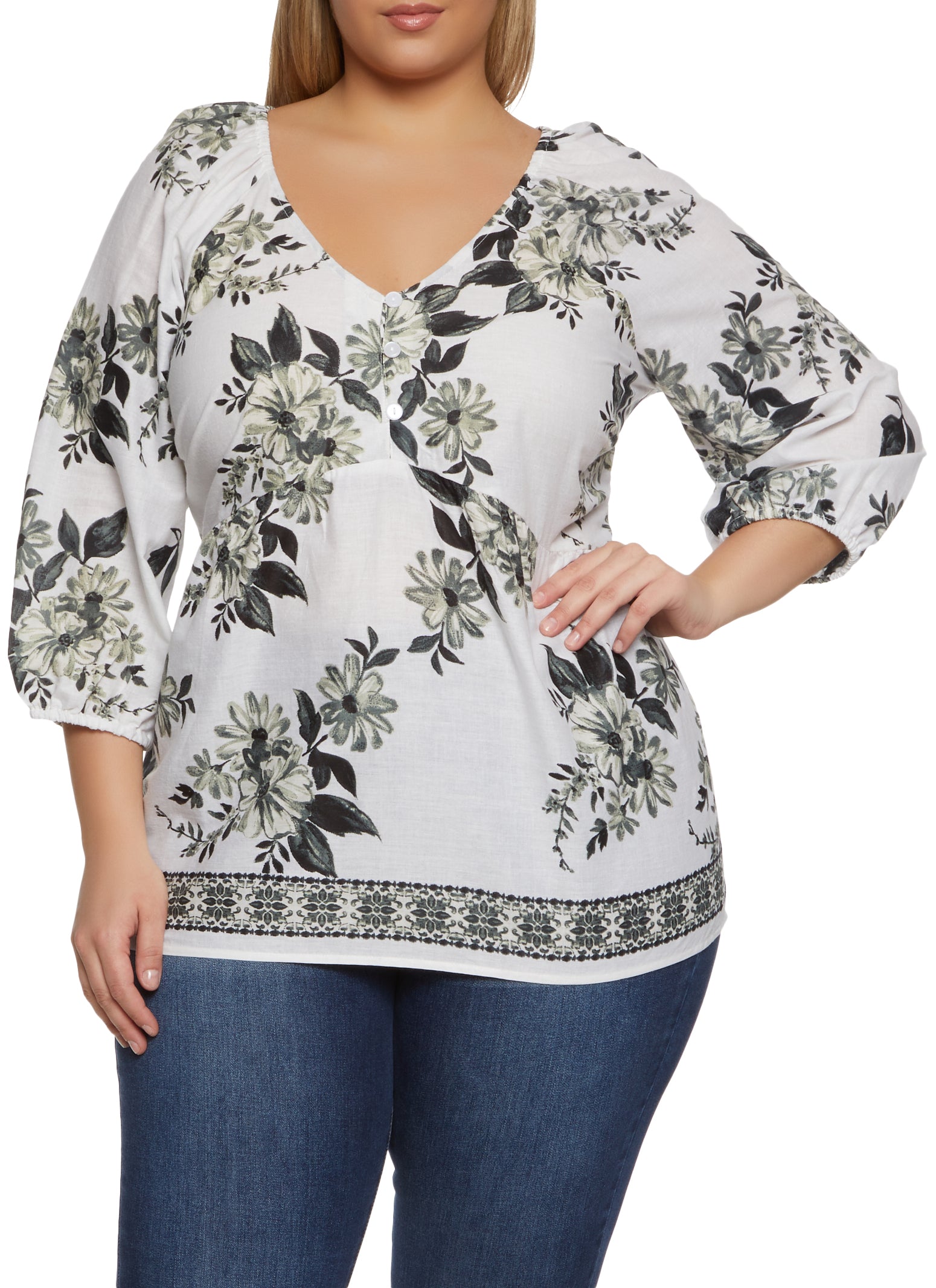 Plus Size Gauze Knit Floral Print Top