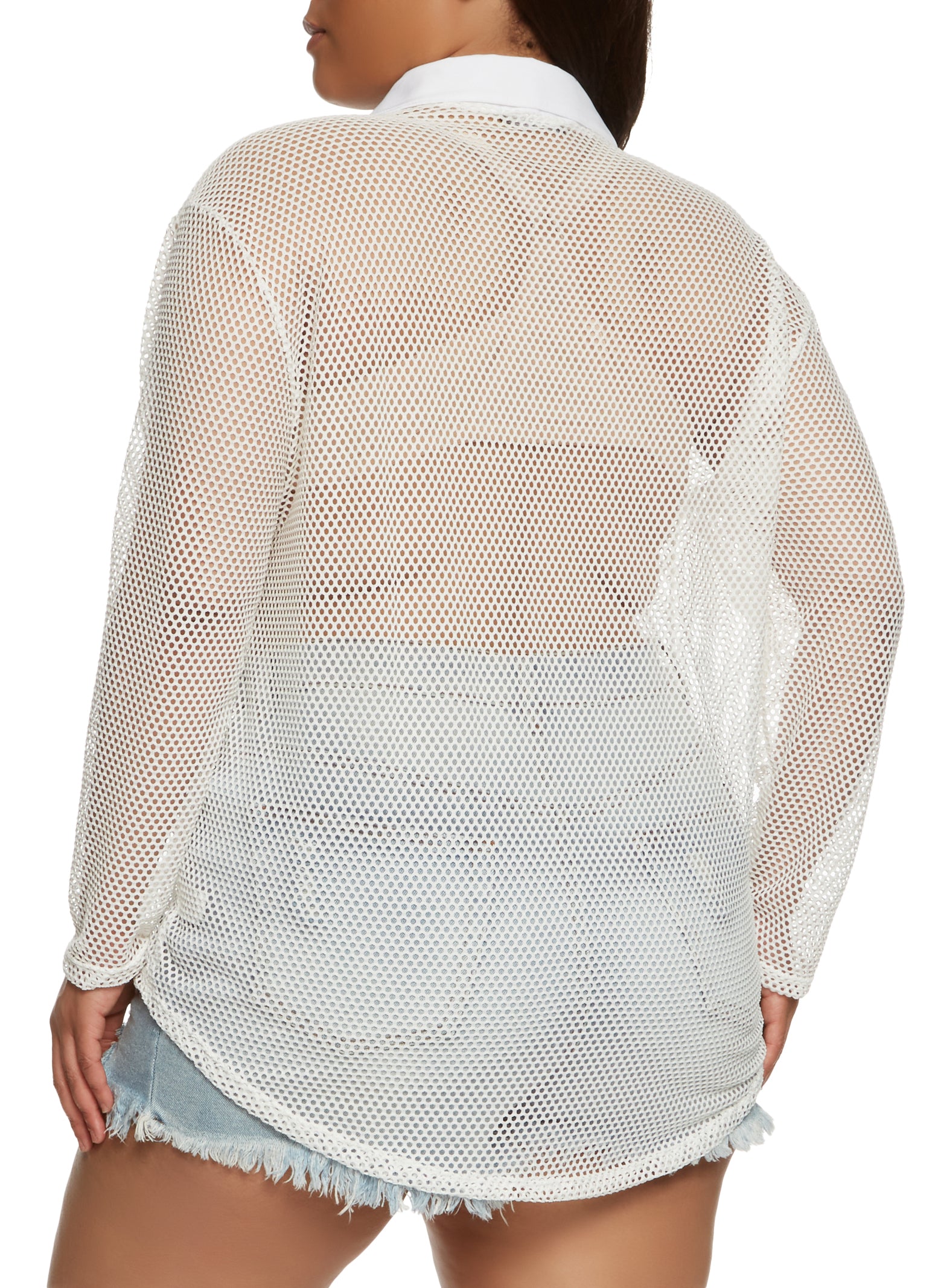 Womens Plus Size Fishnet Button Front Tunic Shirt, Ivory, Size 3X | Rainbow Shops