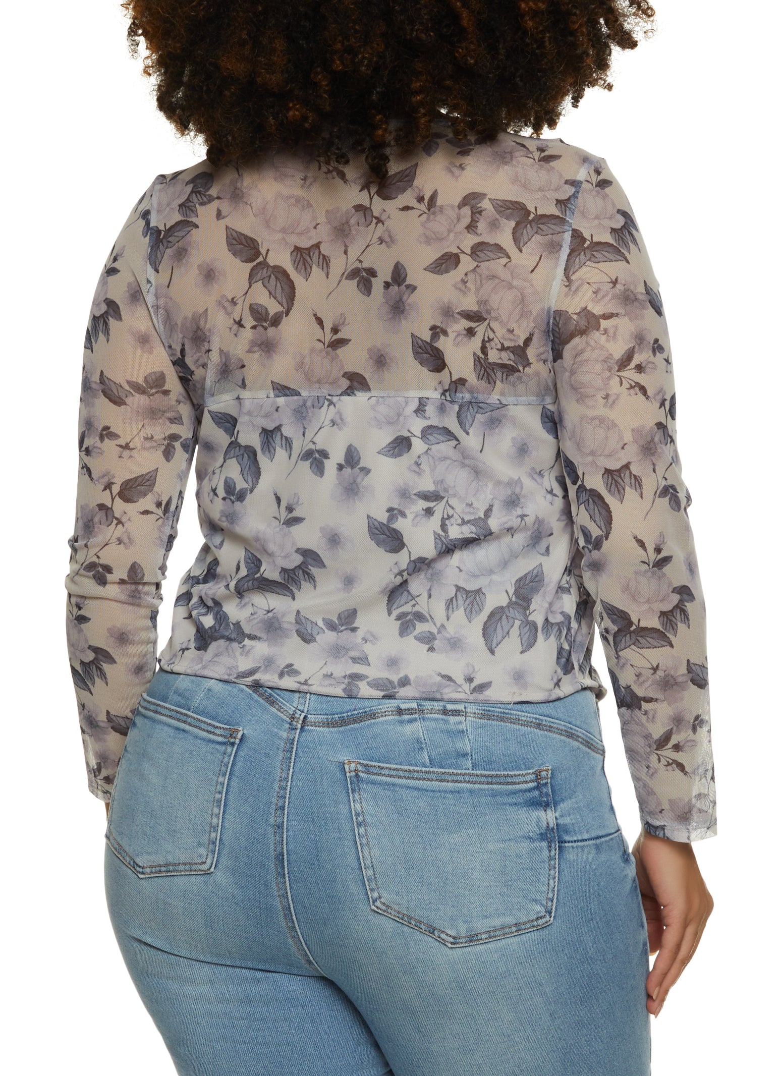 Print Mesh Long Sleeve Corset Top