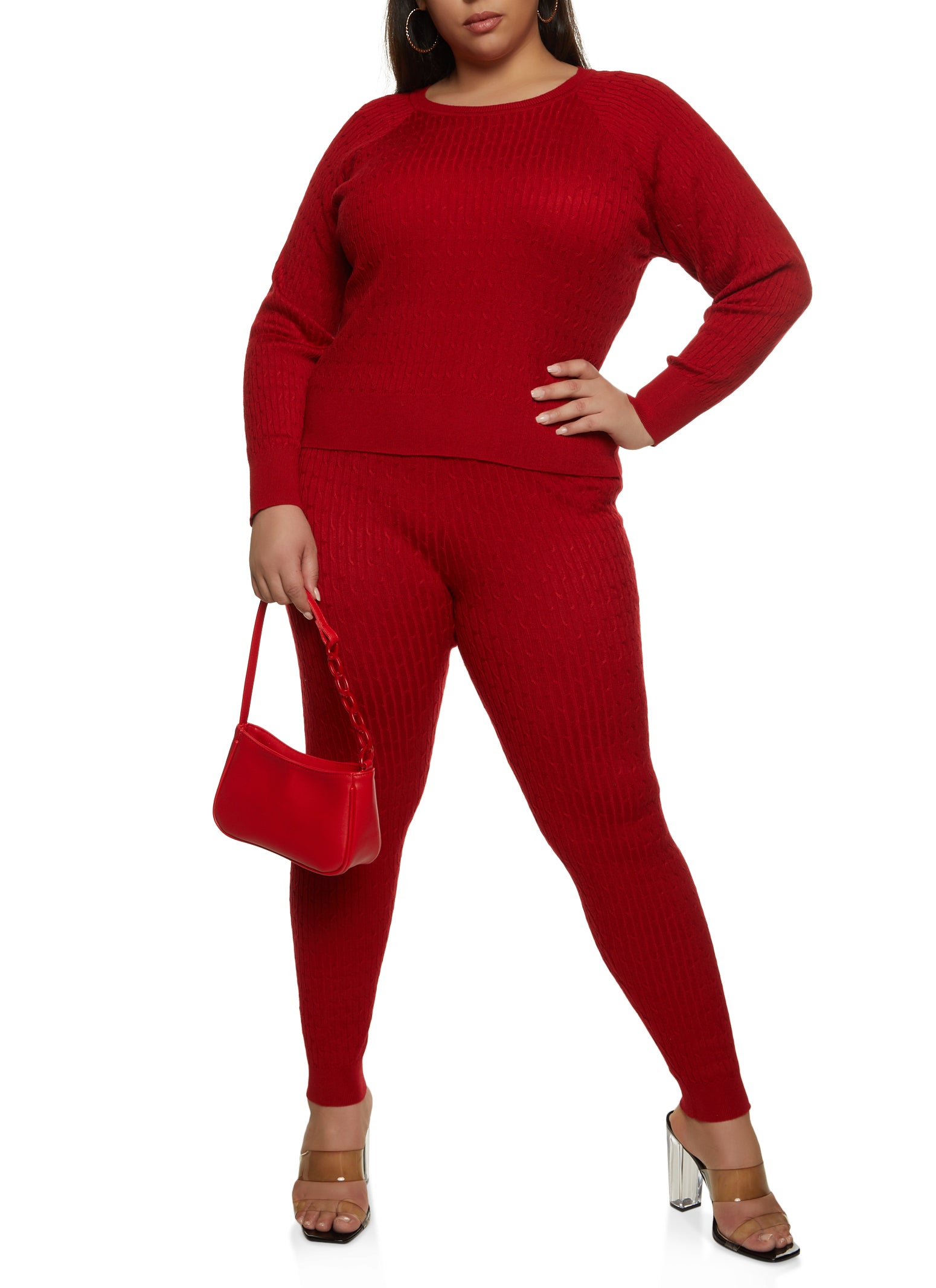 Plus Size Wide Waistband Cable Knit Leggings - Red