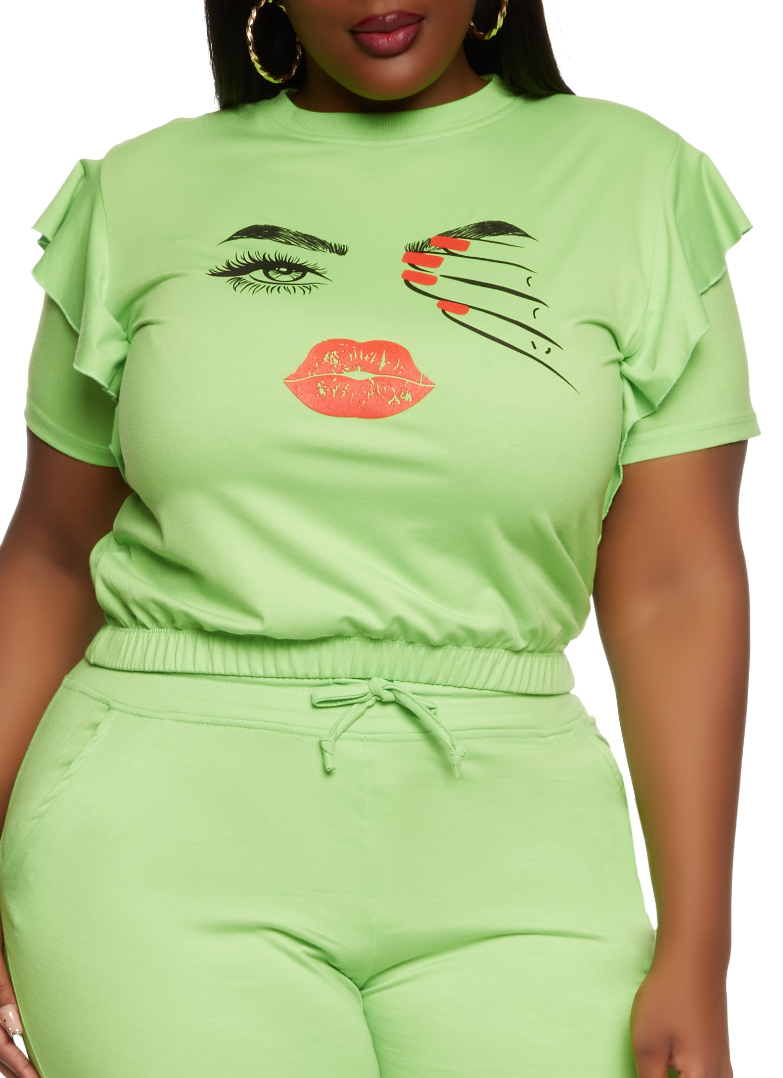 Plus Size Flutter Sleeve Lash Graphic Top