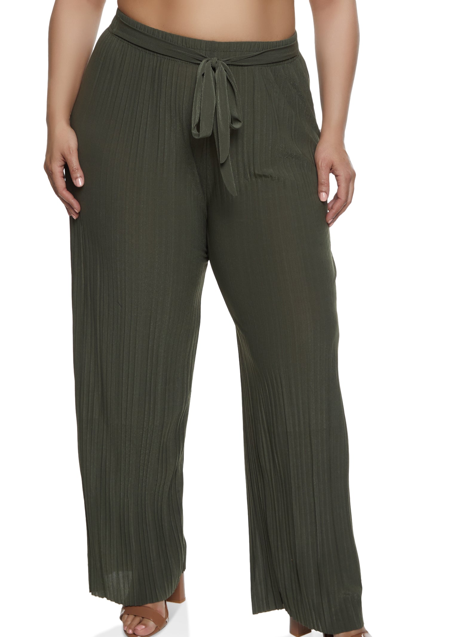 Plus Size Solid Tie Waist Pleated Palazzo Pants