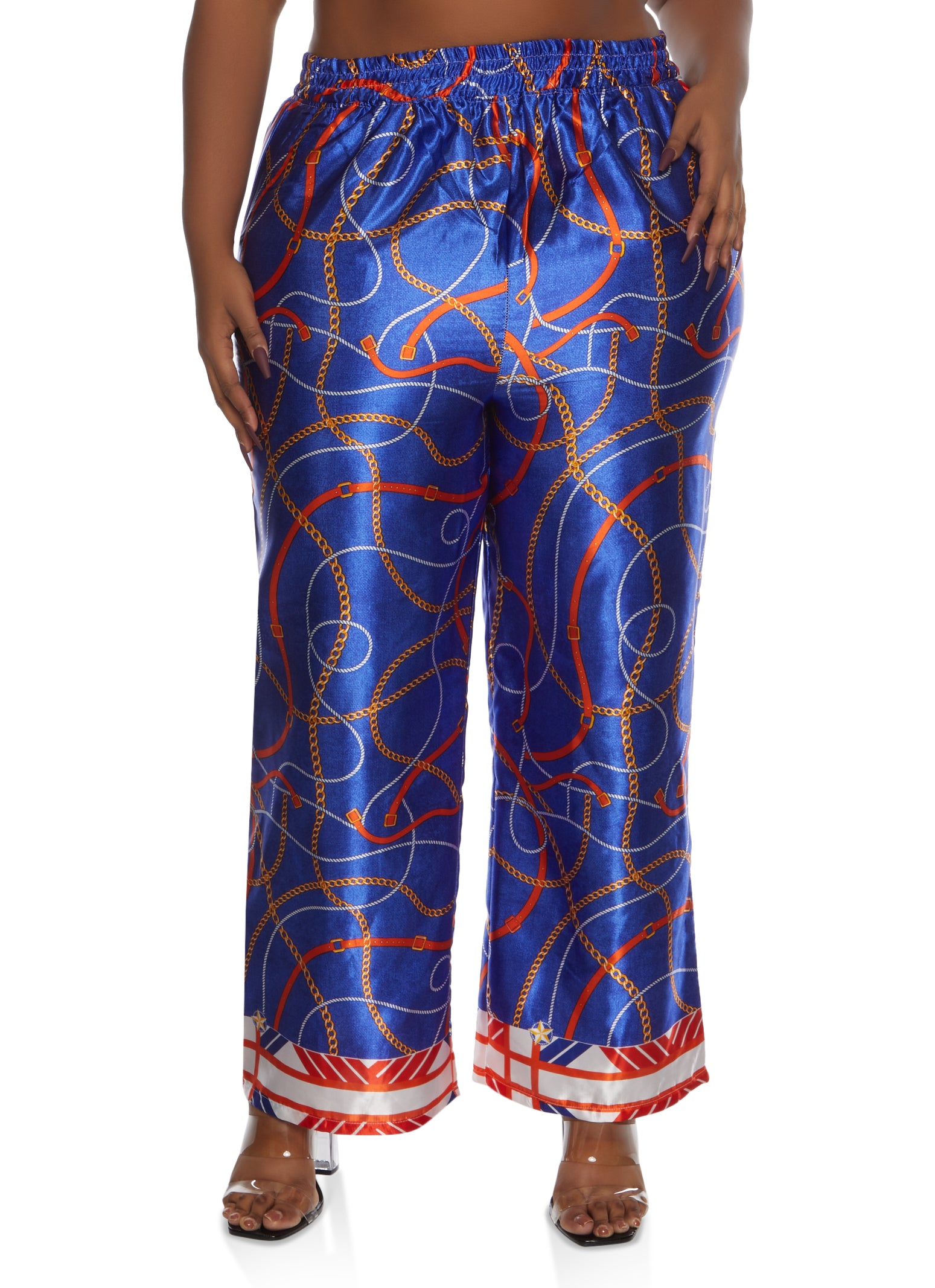 Plus blue print satin wide leg trousers